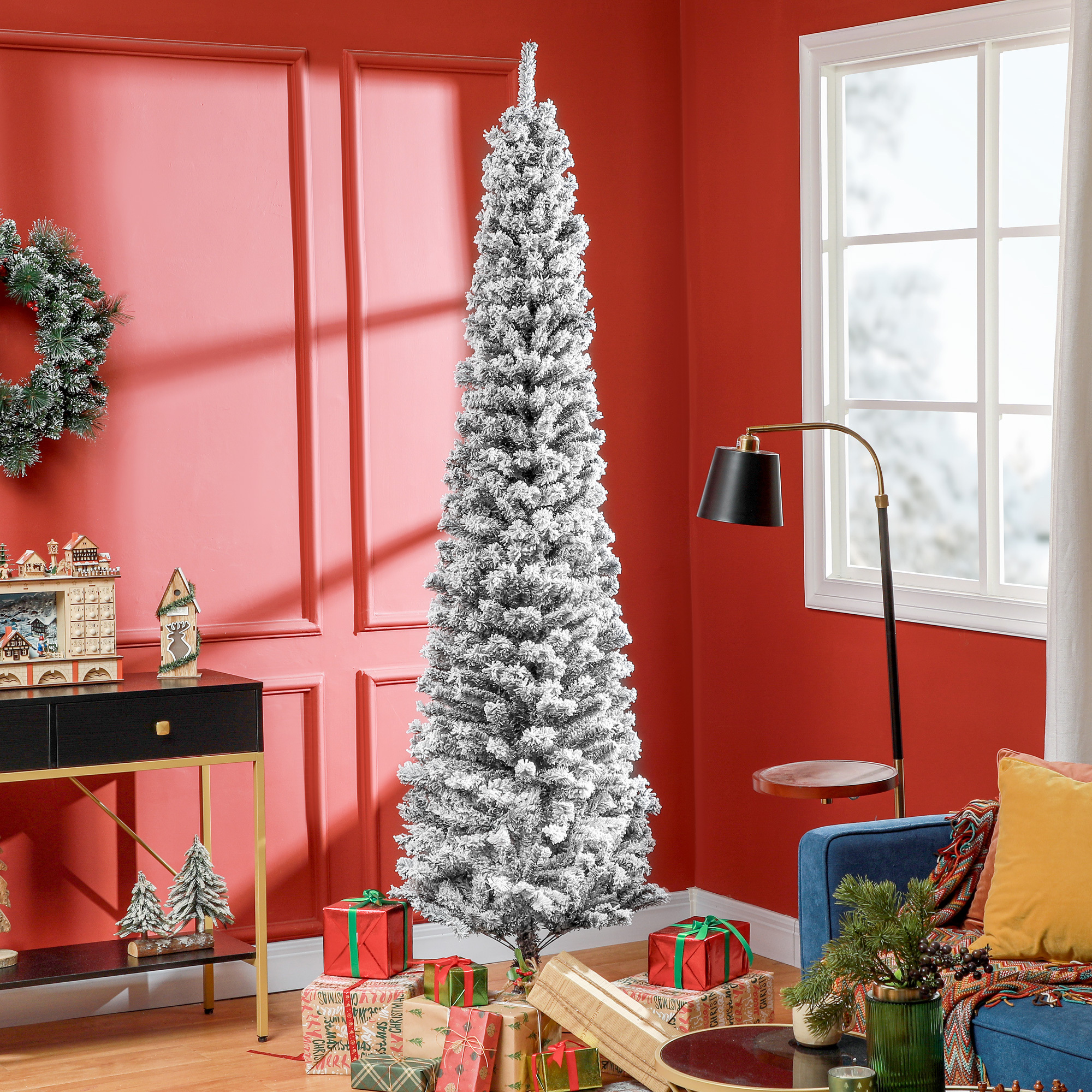 TEMU Sapin de Noël crayon 7,5 pieds floqué de neige, sapin de Noël artificiel fin avec pointes de branches réalistes, support métallique pliant, noir