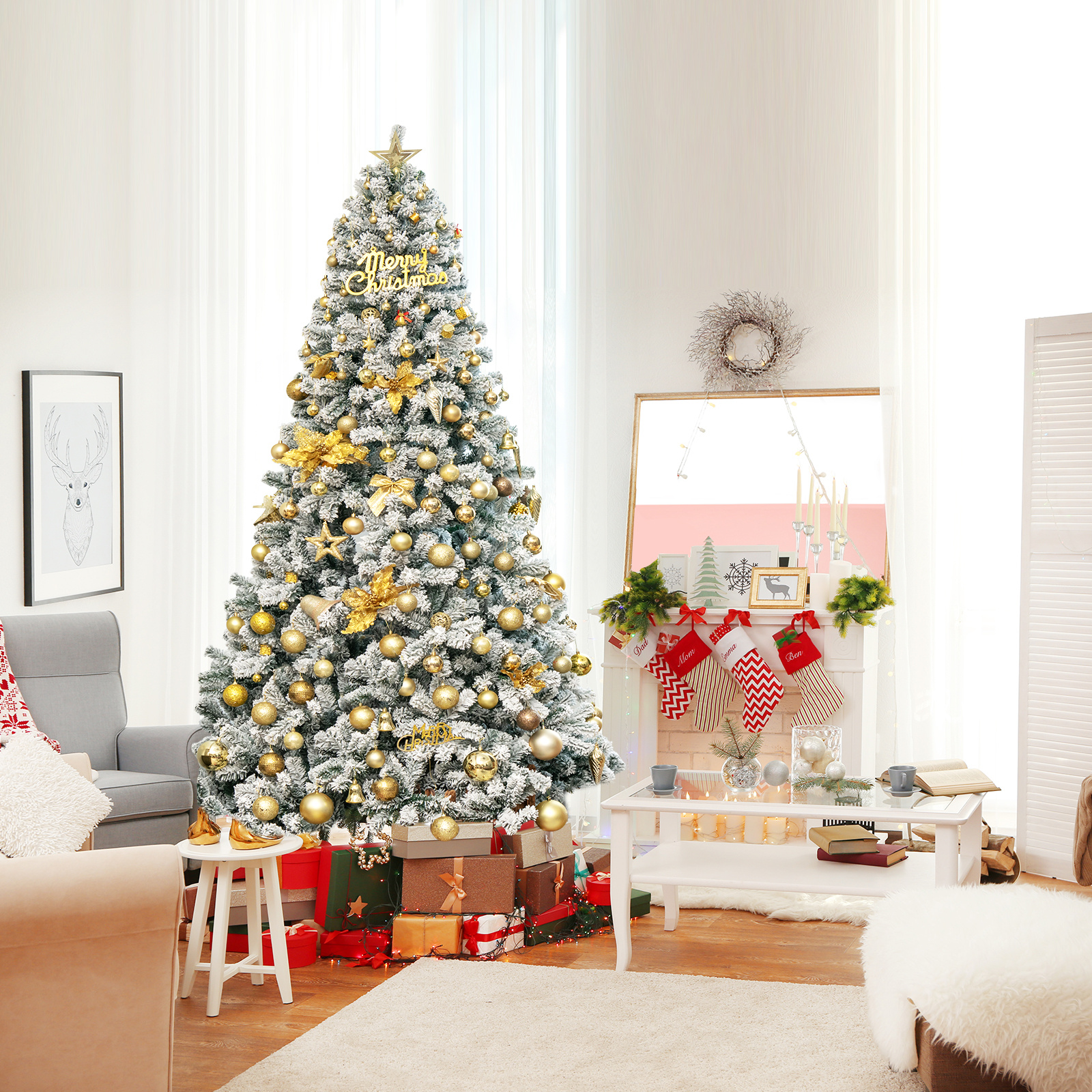TEMU COSTWAY 9FT Arbre de Noël, Arbre enneigé avec 1498 pointes, Arbre artificiel non à charnières avec support en métal pliable et solide, Feuilles