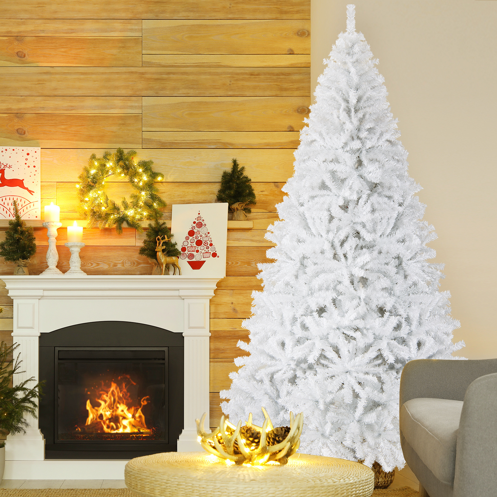 TEMU Arbre de Noël artificiel à charnière de 9 pieds de COSTWAY, arbre de Noël luxueux blanc avec support en métal, 2132 pointes de branche en PVC,