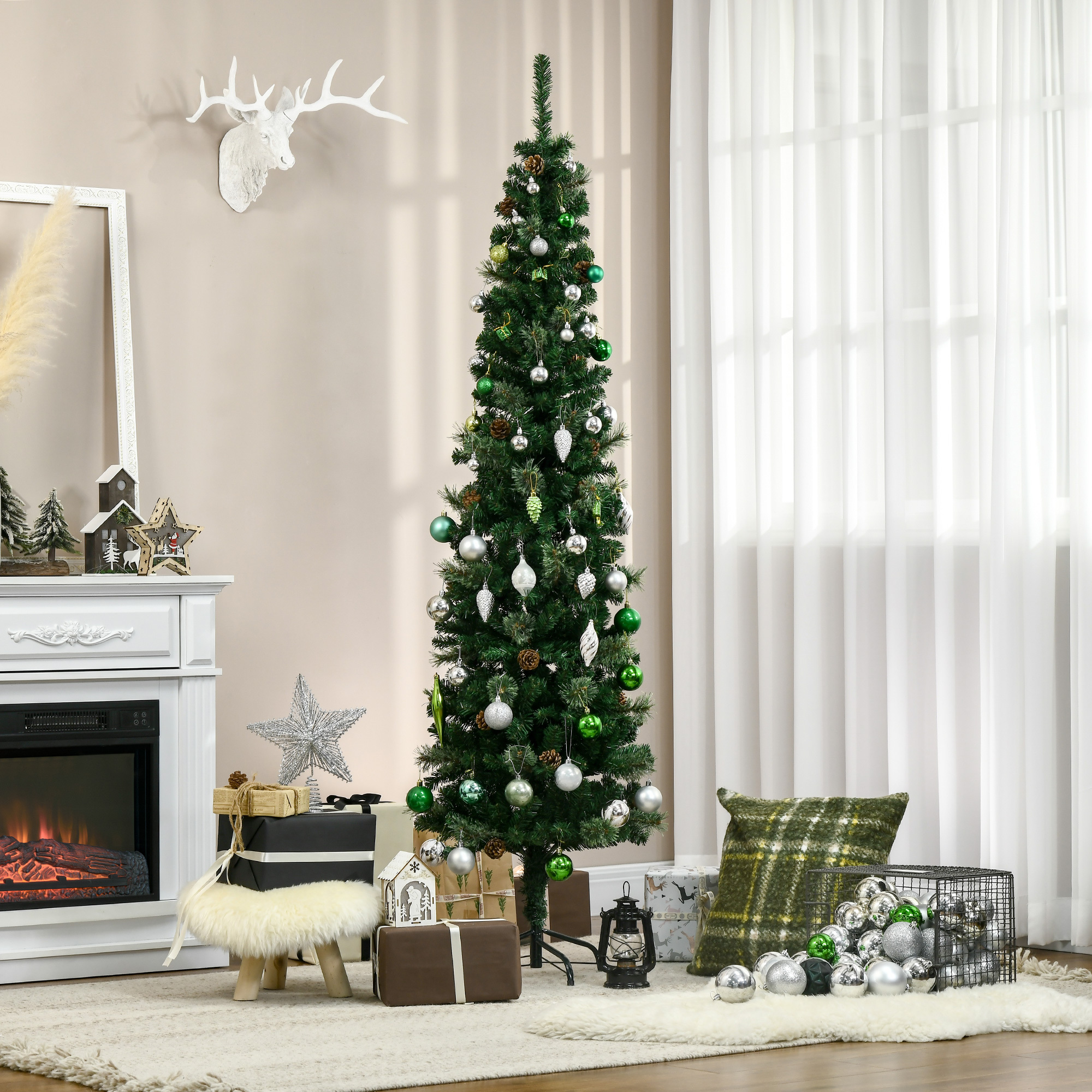TEMU Arbre de Noël Artificiel de Crayon de 6,5 Pieds, Avec Aiguilles Fines et Branches Réalistes, Pommes de Pin, Base Métallique, Vert