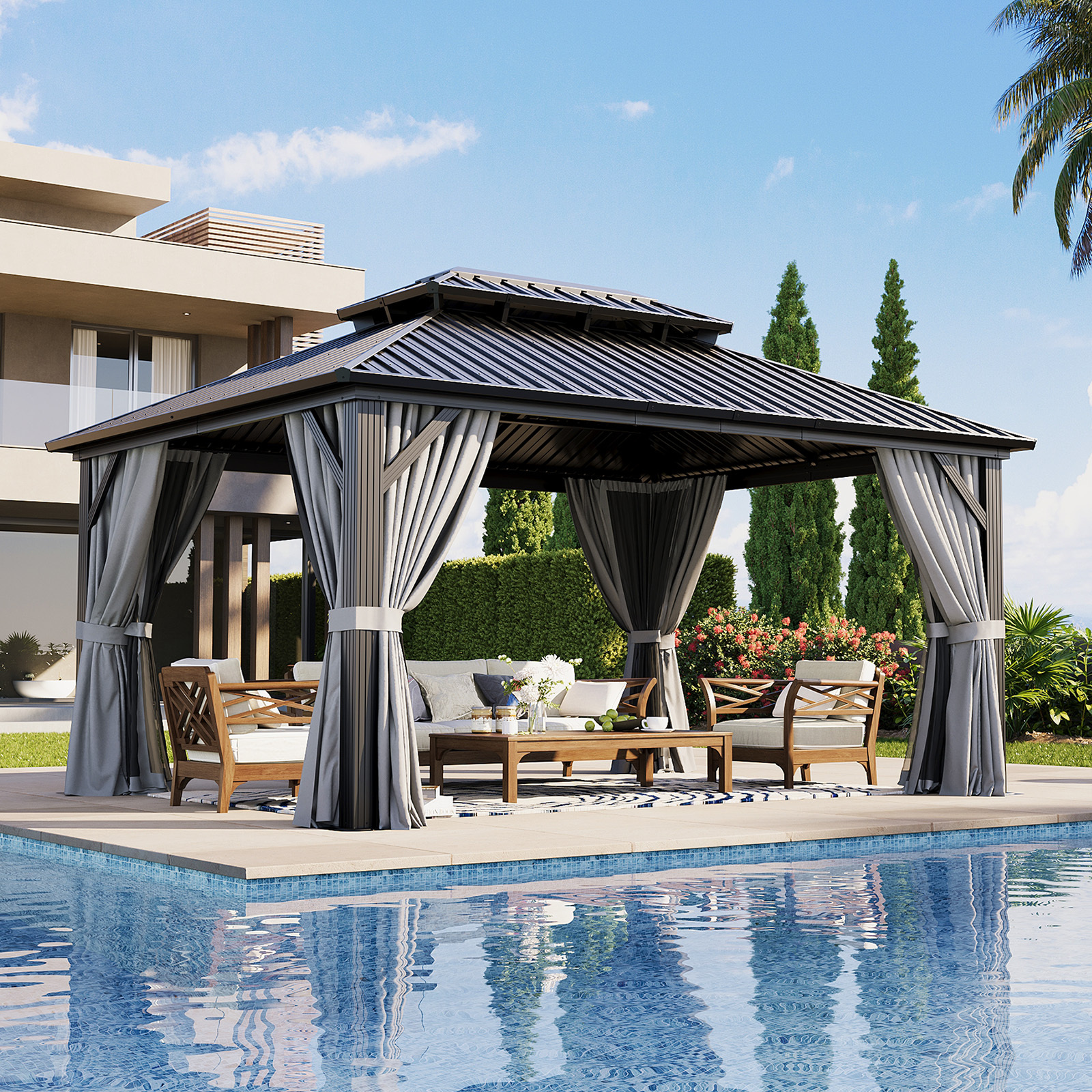 TEMU 10' X 12' Gazebo à Toit Rigide, Double Toit en Acier Galvanisé, Gazebo en Métal Aluminium avec Rideaux et Moustiquaire, Pavillon Permanent pour