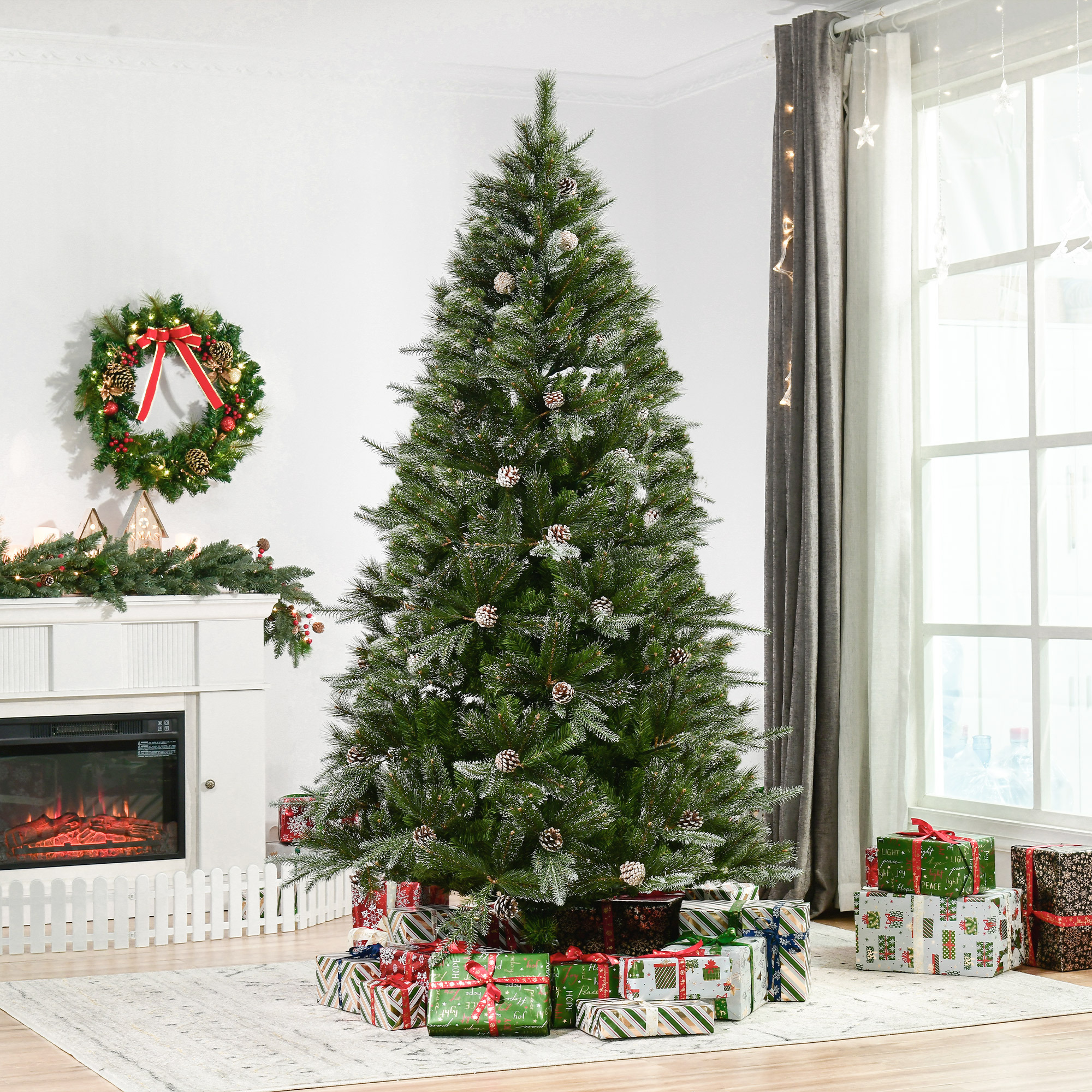 TEMU Arbre de Noël Artificiel en Pin Neigeux de 7 Pieds avec Ouverture Automatique, Pommes de Pin, Décoration de Fête , Vert