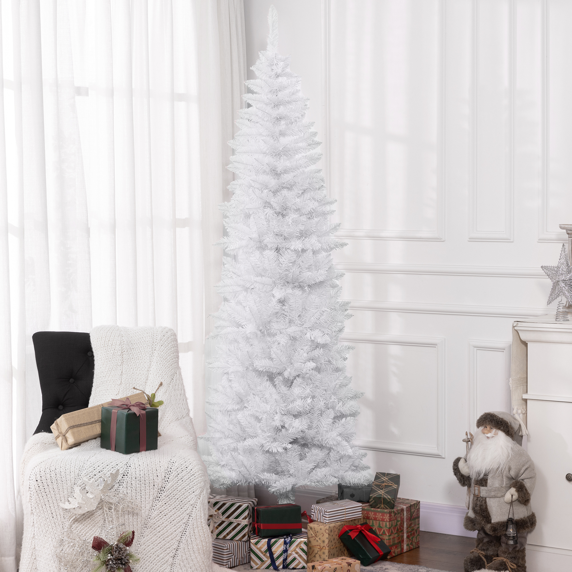 TEMU Arbre de Noël de crayon de 7 pieds de haut, arbre de Noël artificiel avec 687 branches et base en acier, décoration et , blanc