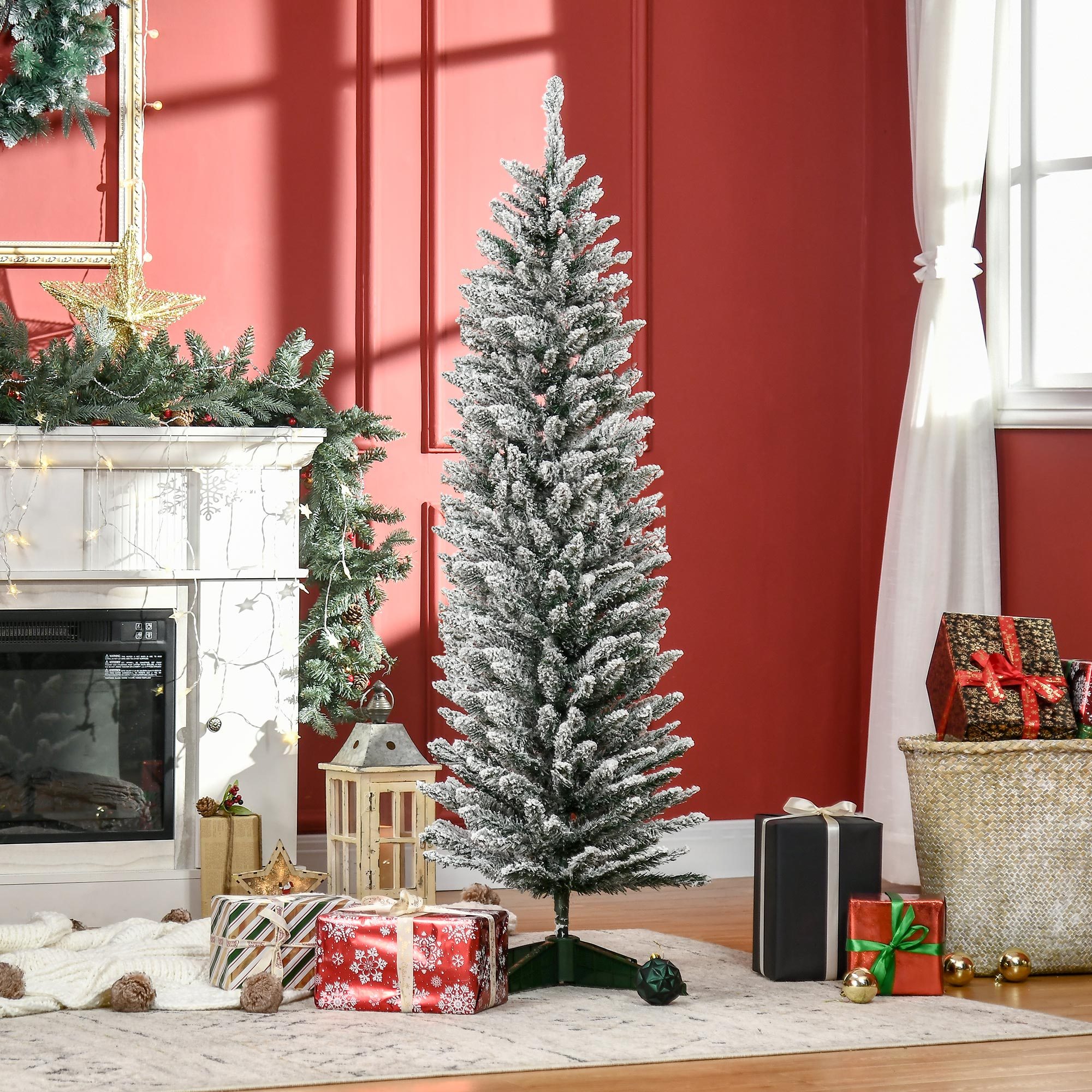 TEMU Arbre de Noël Artificiel de Crayon de 5 Pieds avec Branches Enneigées, Décoration de Fêtes Verte