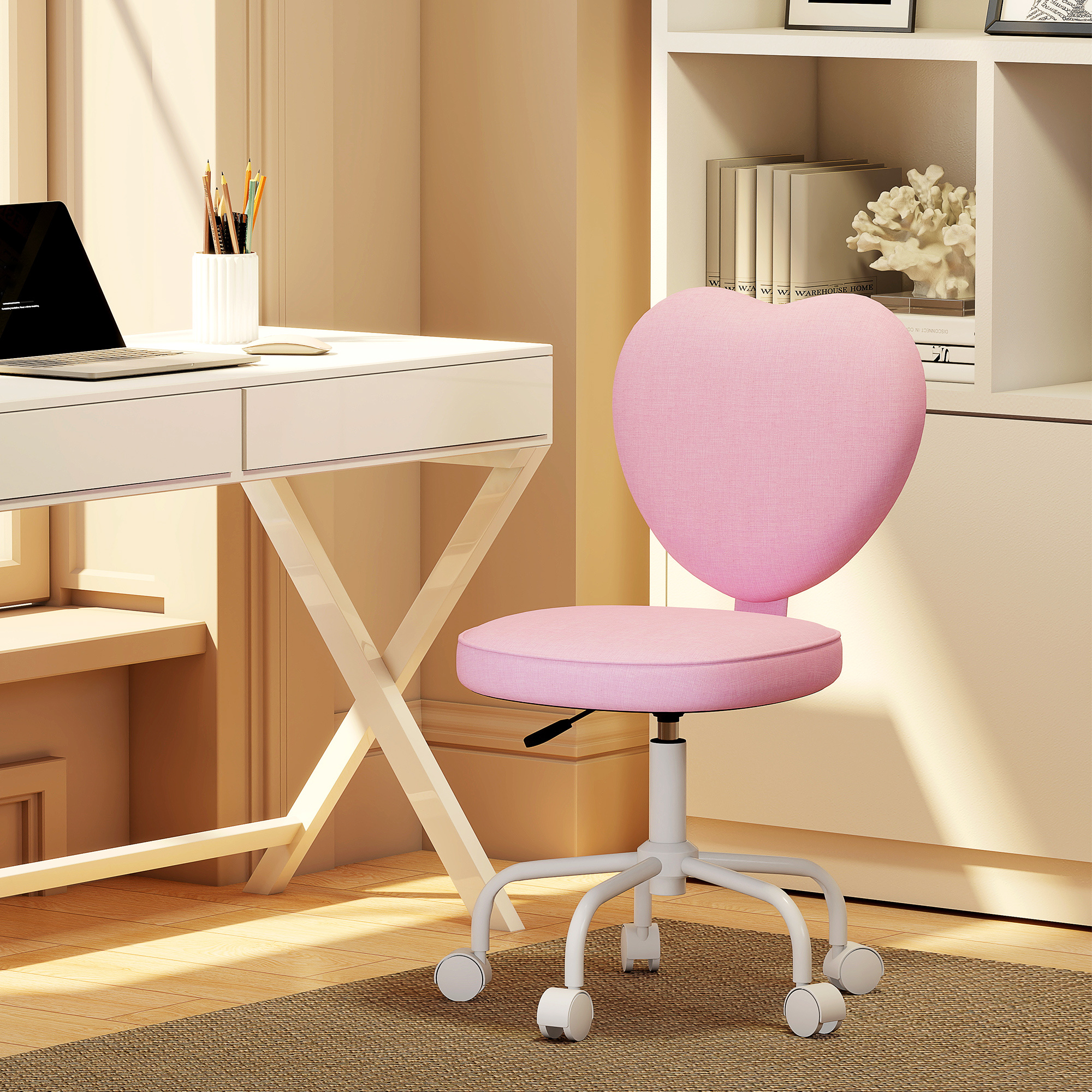 TEMU Fauteuil de accoudoirs HOMCOM, chaise de coiffeuse moderne en tissu avec de cœur, roulettes pivotantes, hauteur réglable, rose