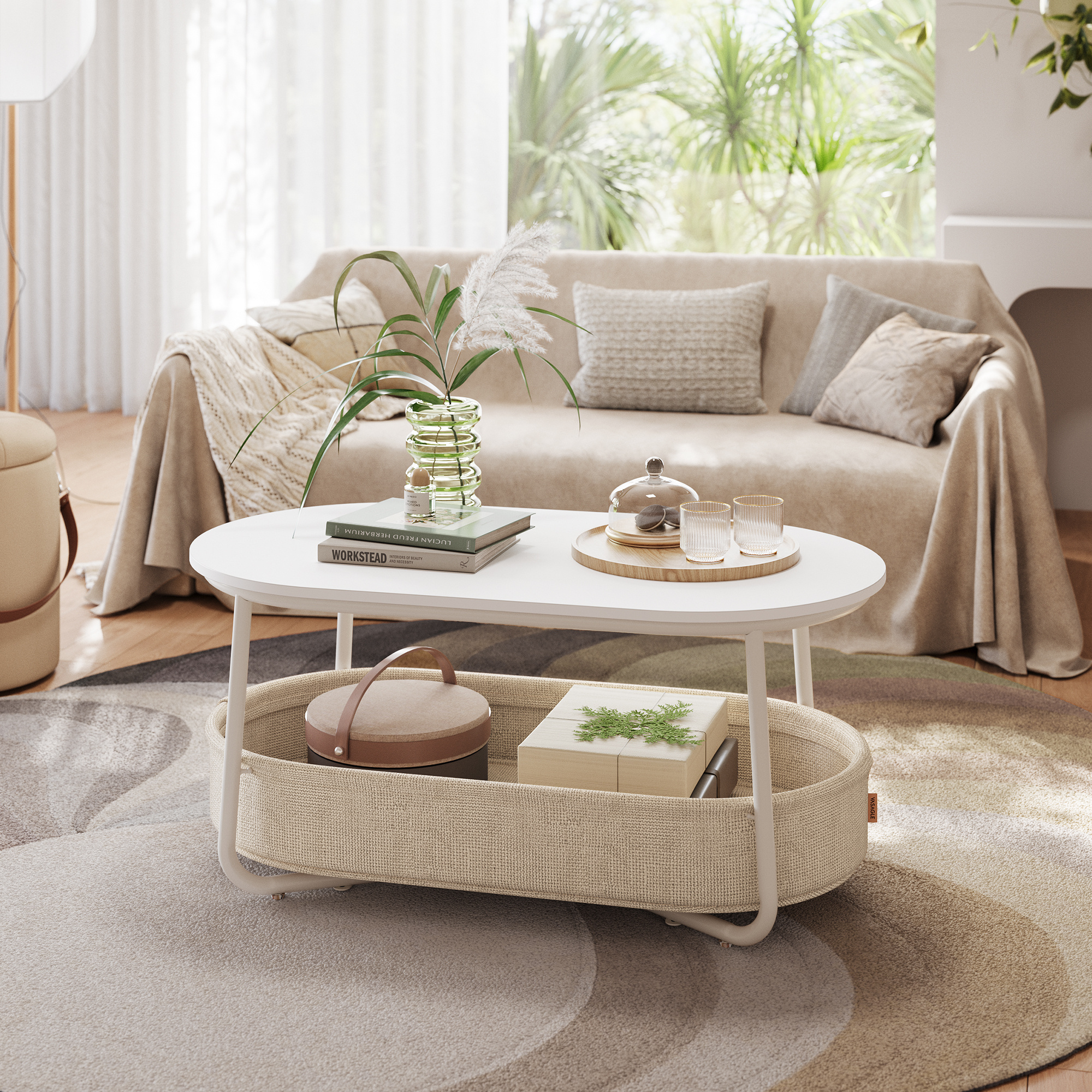 TEMU Étagère de sol Neili 39,4" W Table basse avec panier en tissu de rangement