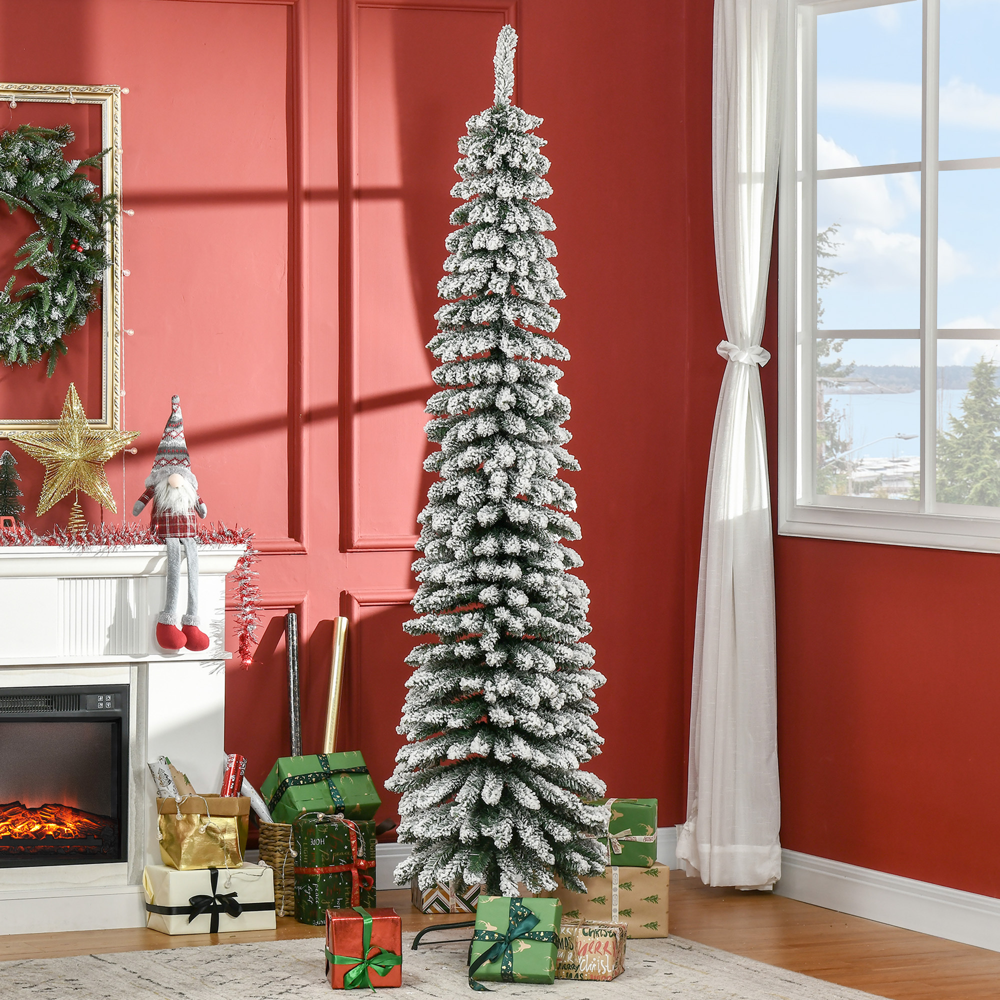 TEMU Arbre de Noël artificiel de 7 pieds avec des de neige, arbre de Noël fin avec des branches réalistes, base en métal, vert