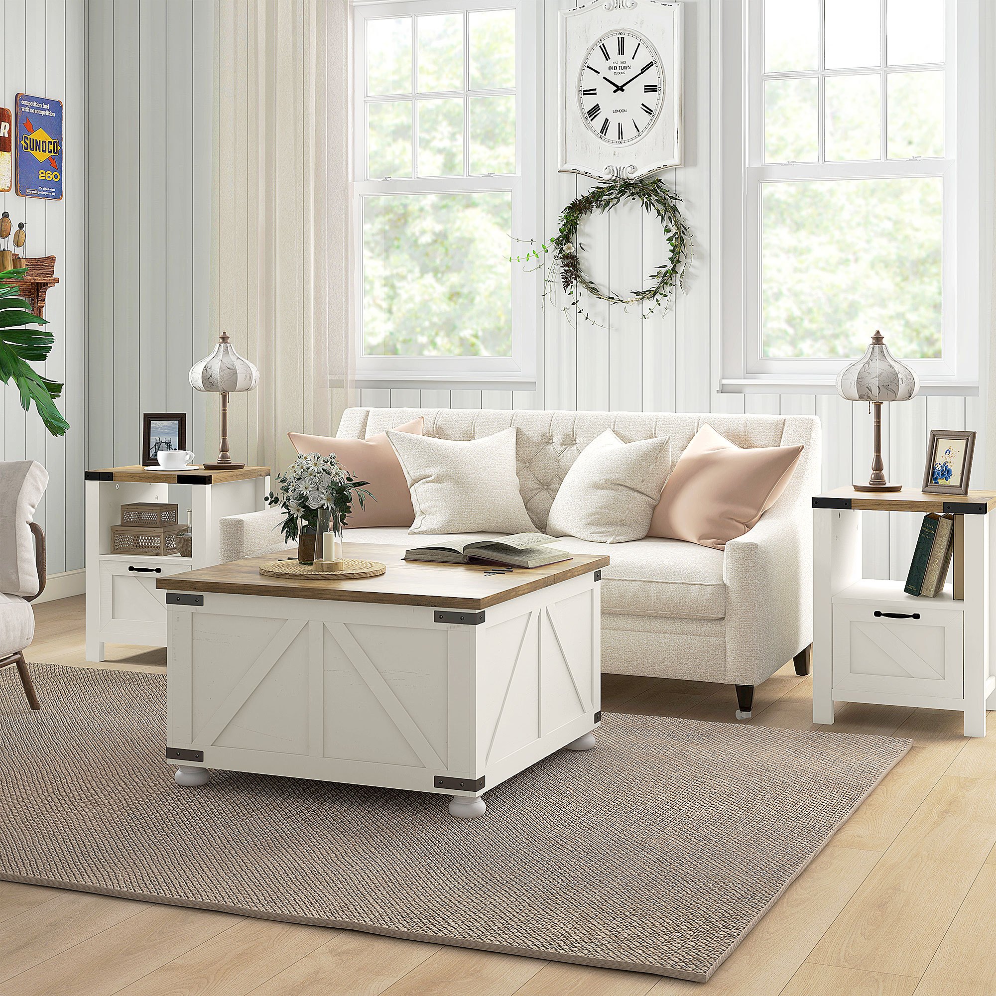 TEMU Table d'appoint avec rangement, table de chevet style ferme avec tiroir, étagère ouverte et panneau style , pour salon ou chambre, blanc