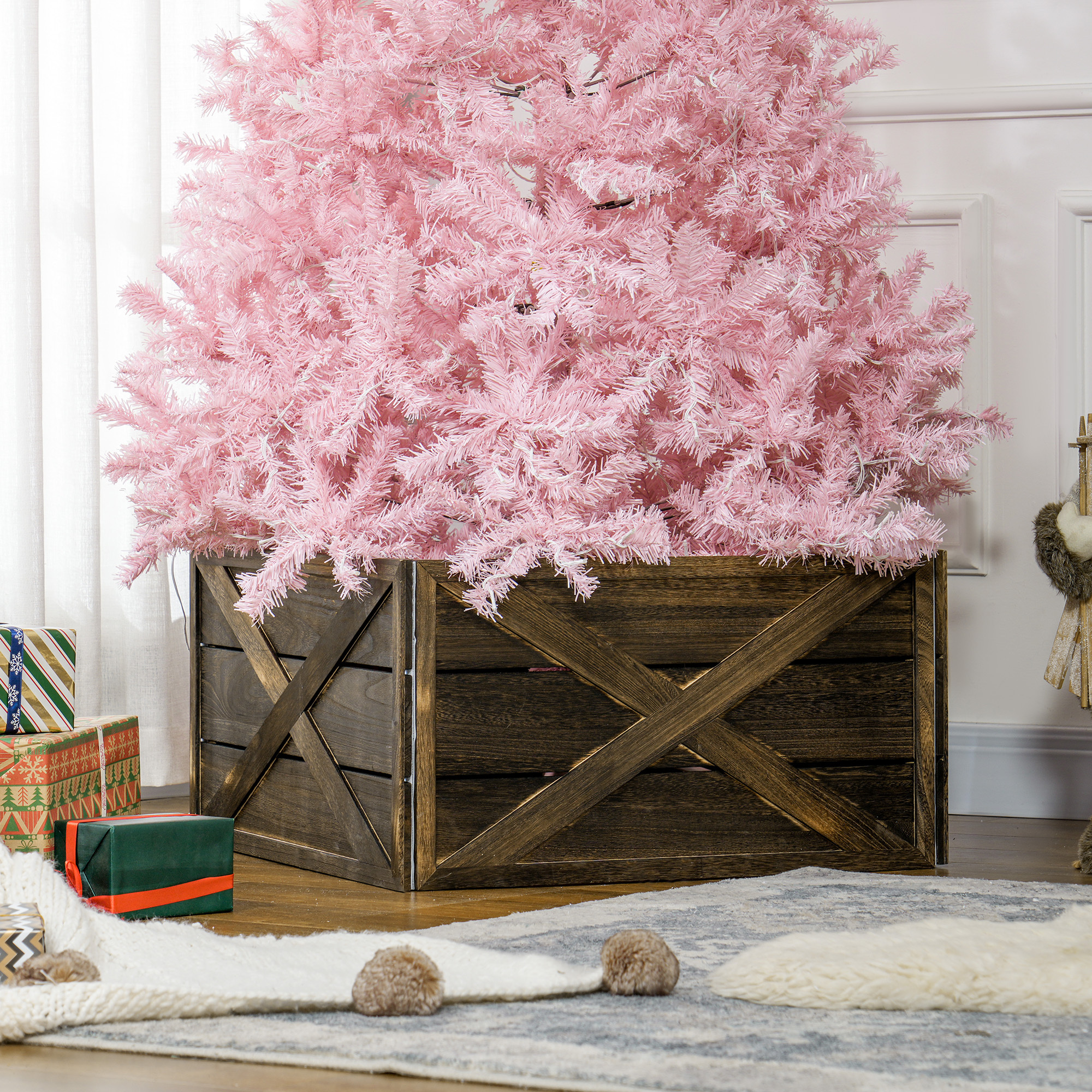 TEMU Collier de Sapin de Noël en Bois, 28" Base de Sapin de Noël Style Ferme, Décoration de Noël pour Maison, Fête, Vacances, Finition Bois Foncé