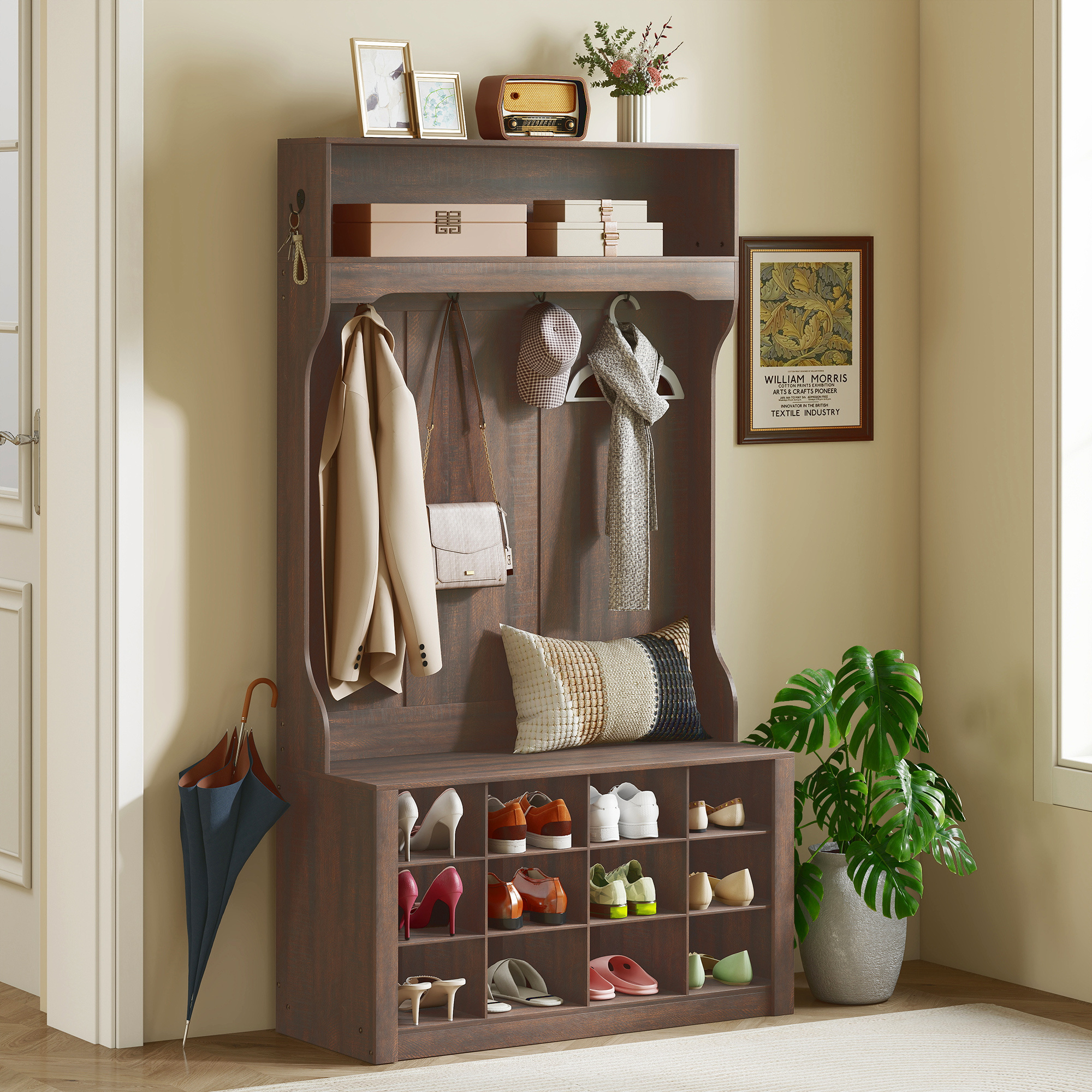 TEMU Arbre d'entrée 4 en 1 avec banc et rangement à chaussures, porte-manteau style ferme avec 12 casiers à chaussures, 6 crochets et étagère ouverte