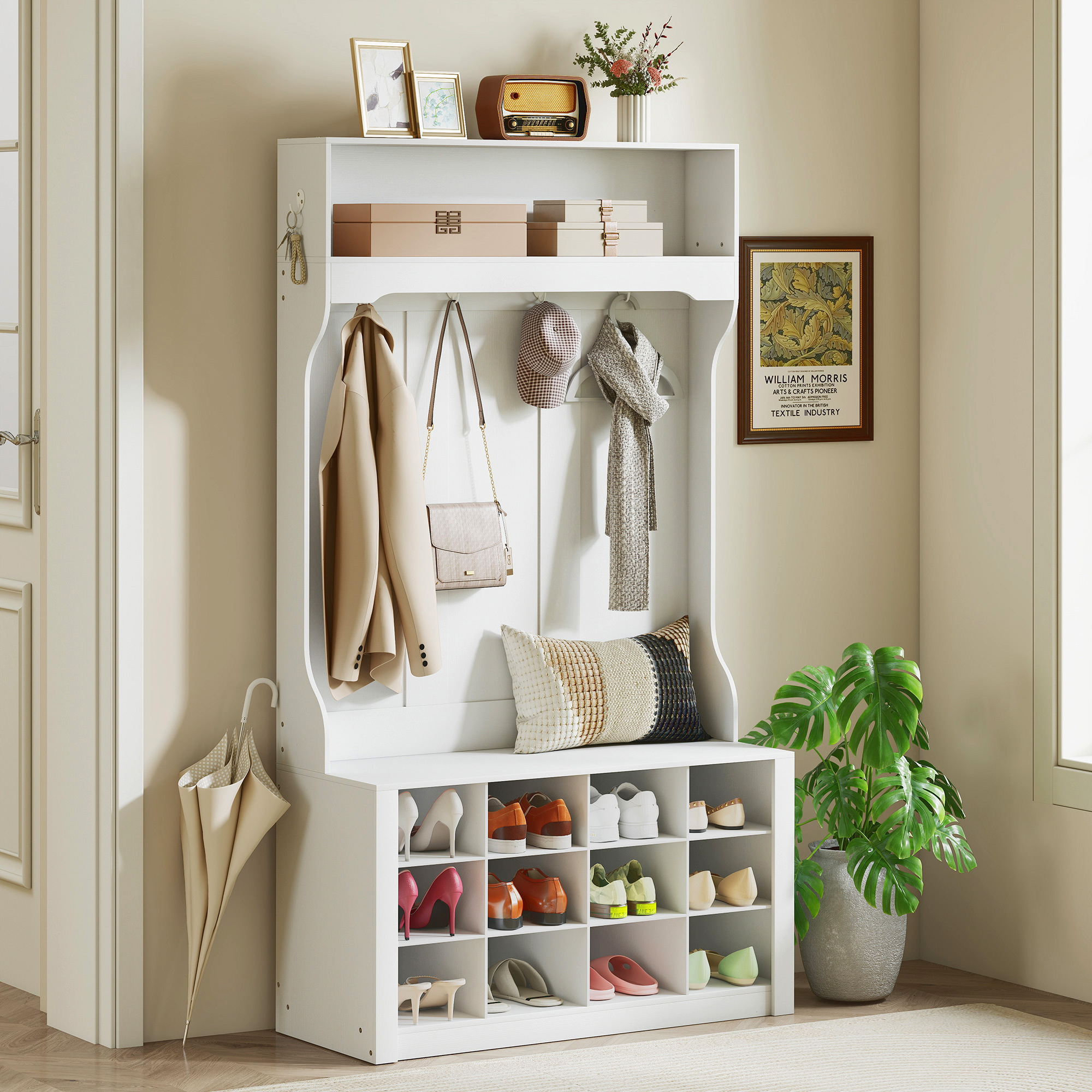 TEMU 4-en-1 arbre d'entrée avec banc et rangement de chaussures, arbre d'entrée de ferme avec banc à chaussures et 12 boîtes à chaussures, 6 crochets