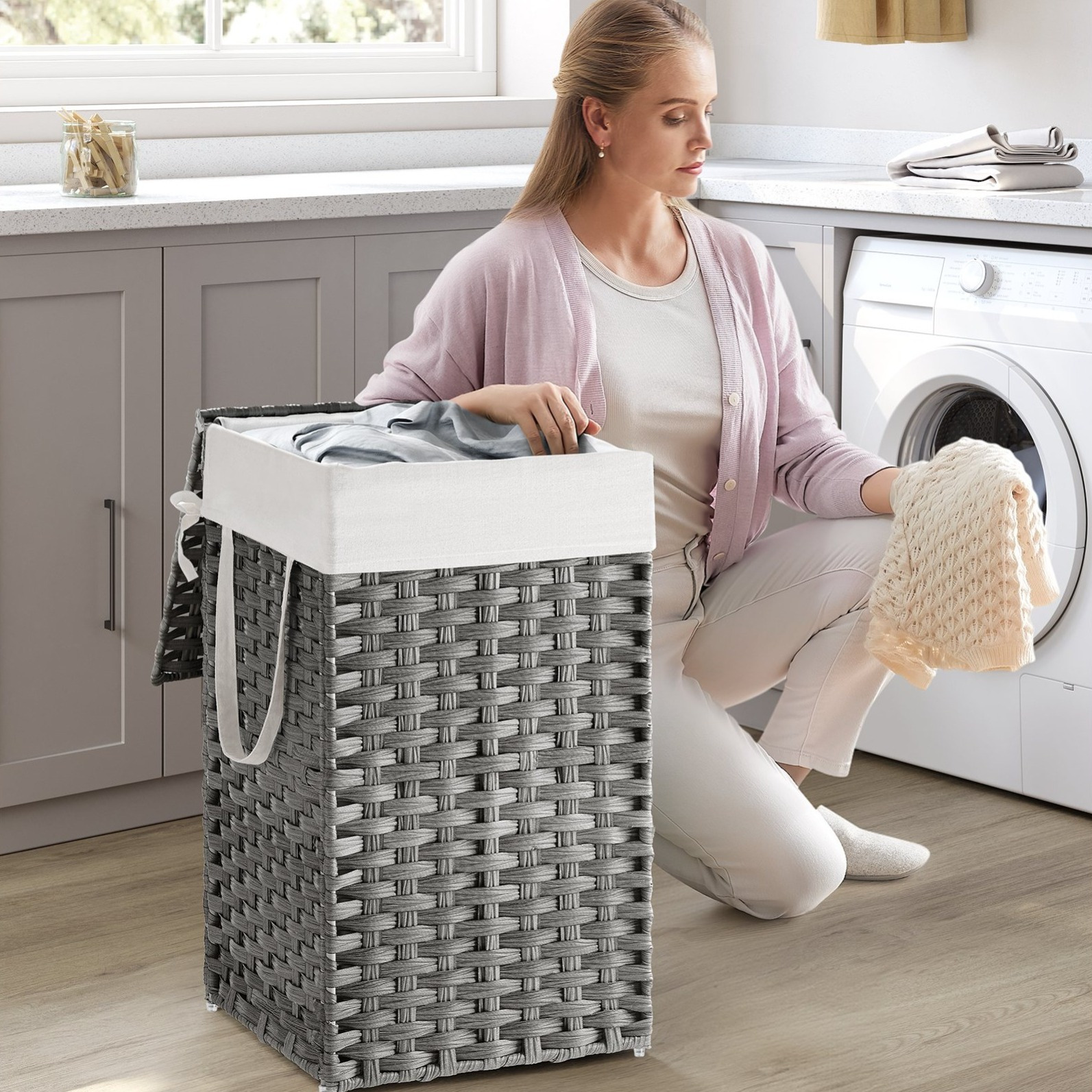 TEMU Panier à linge avec couvercle, 17,2 gallons (65 L) panier à linge en rotin synthétique avec couvercle et poignées, pliable, doublure amovible,