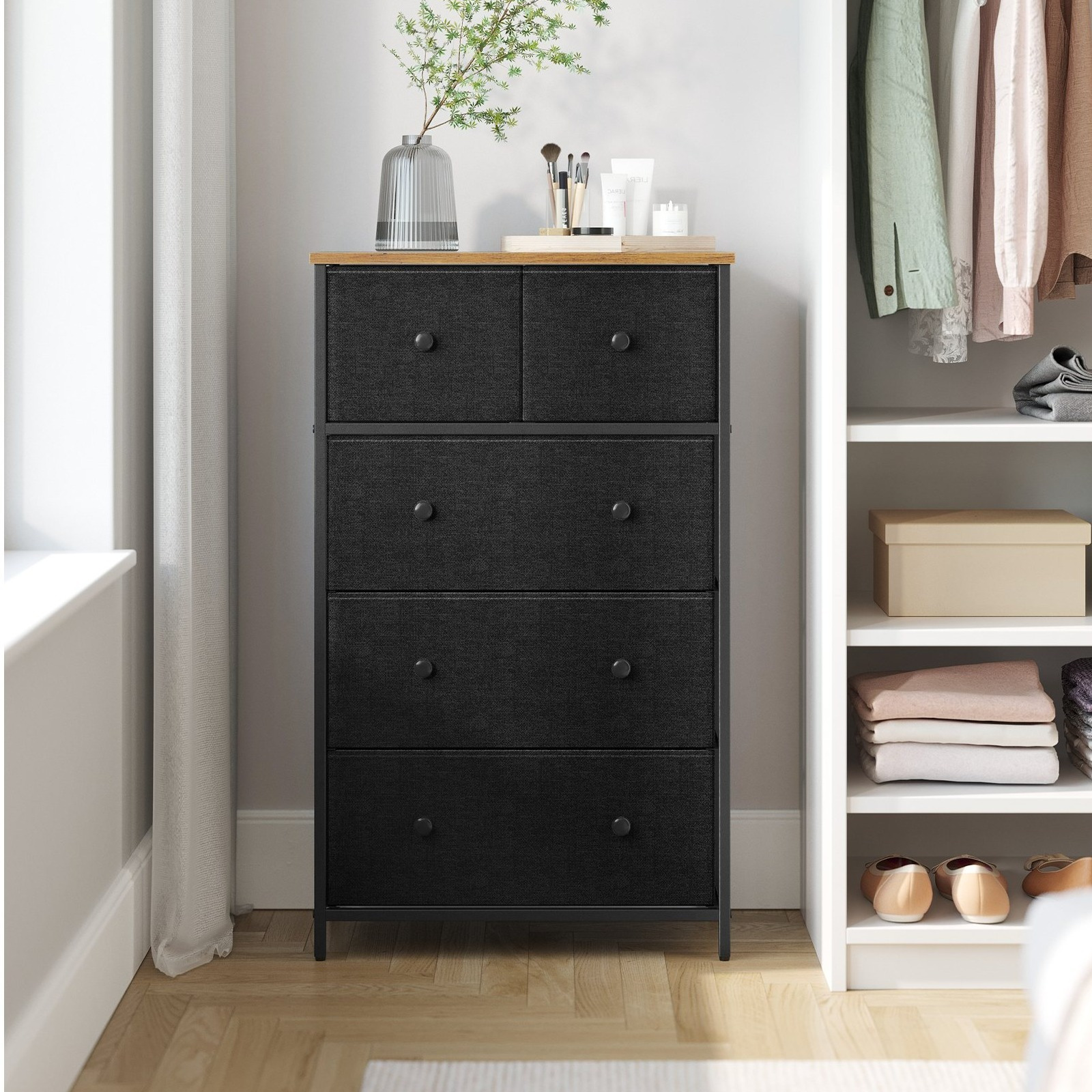 TEMU Drawer Dresser, Storage Dresser Tower With 5 Fabric Drawers, Dresser Unit, For Hallway, Bedroom, Black And Rustic Brown