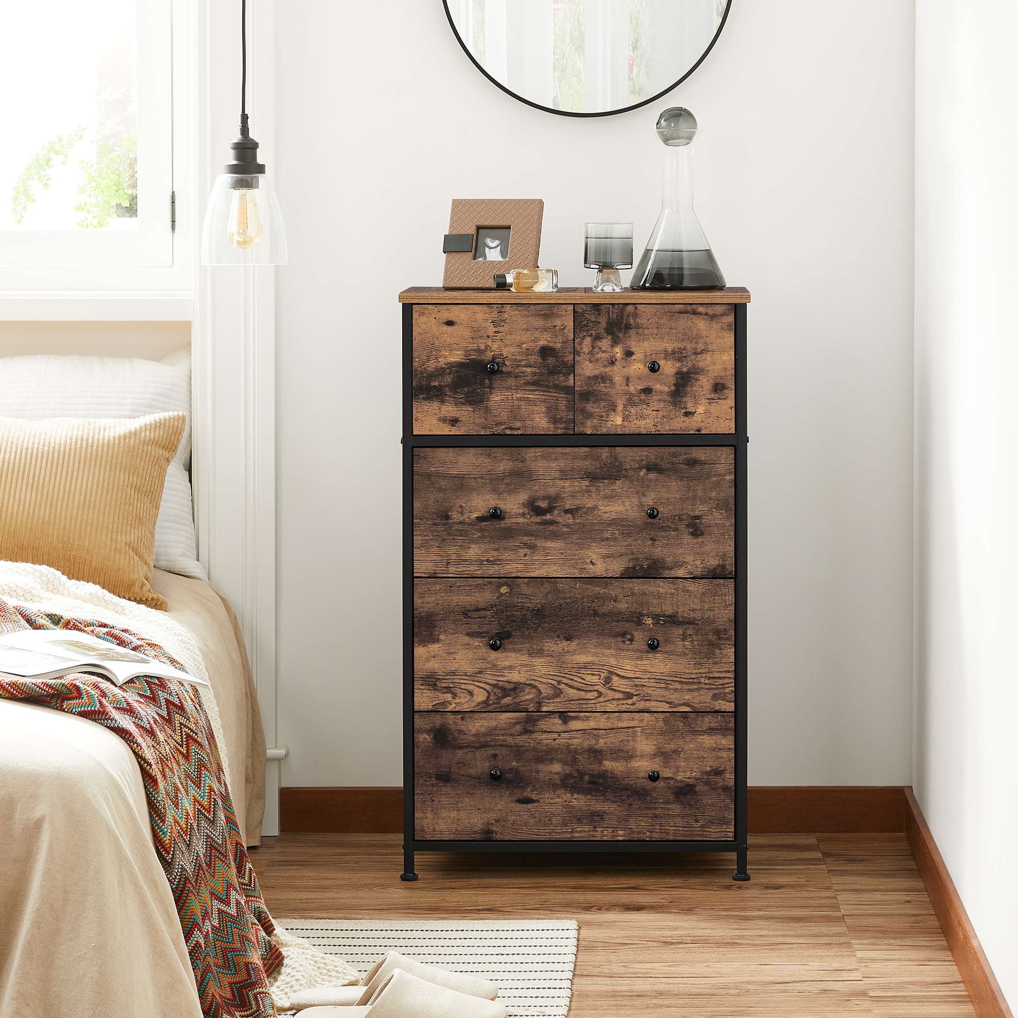 TEMU Commode à tiroirs, Tour de rangement avec 5 tiroirs en tissu, Unité de commode, pour couloir, chambre, Brun rustique et Noir
