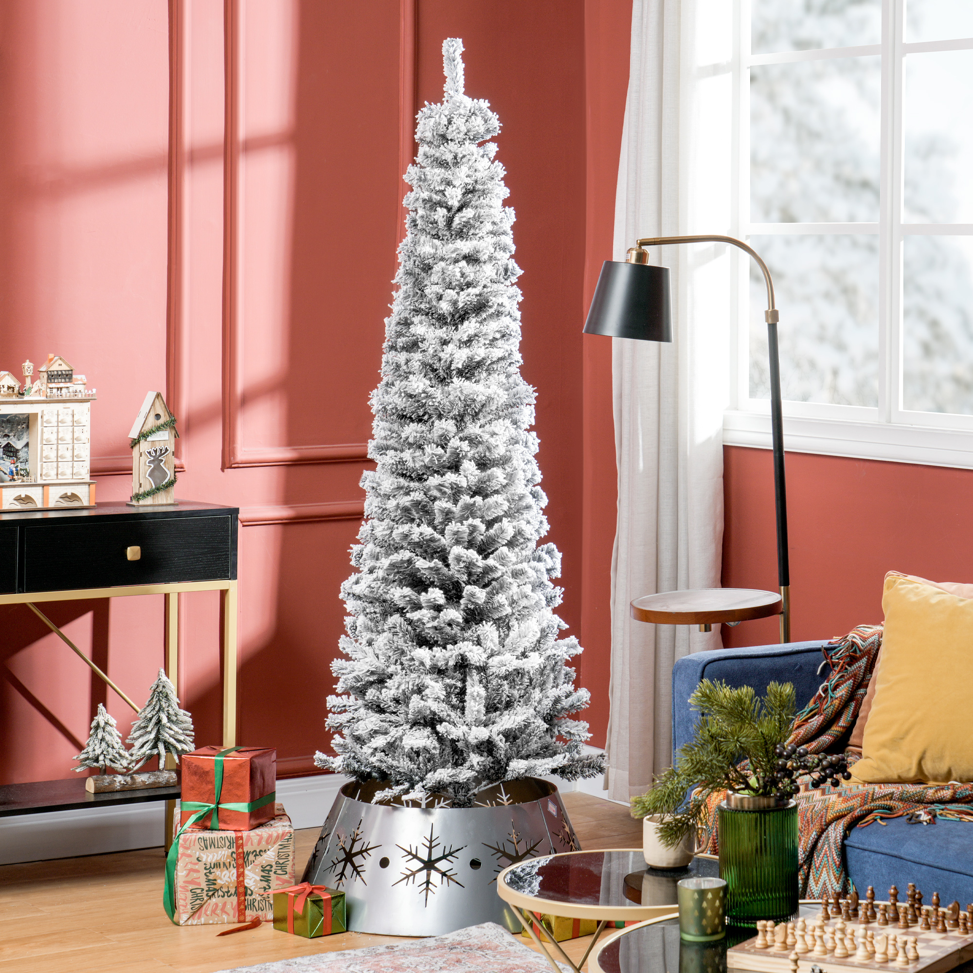 TEMU Arbre de Noël à crayon enneigé de 6 pieds, arbre de Noël artificiel mince avec des pointes de branches réalistes, support en métal pliable, noir