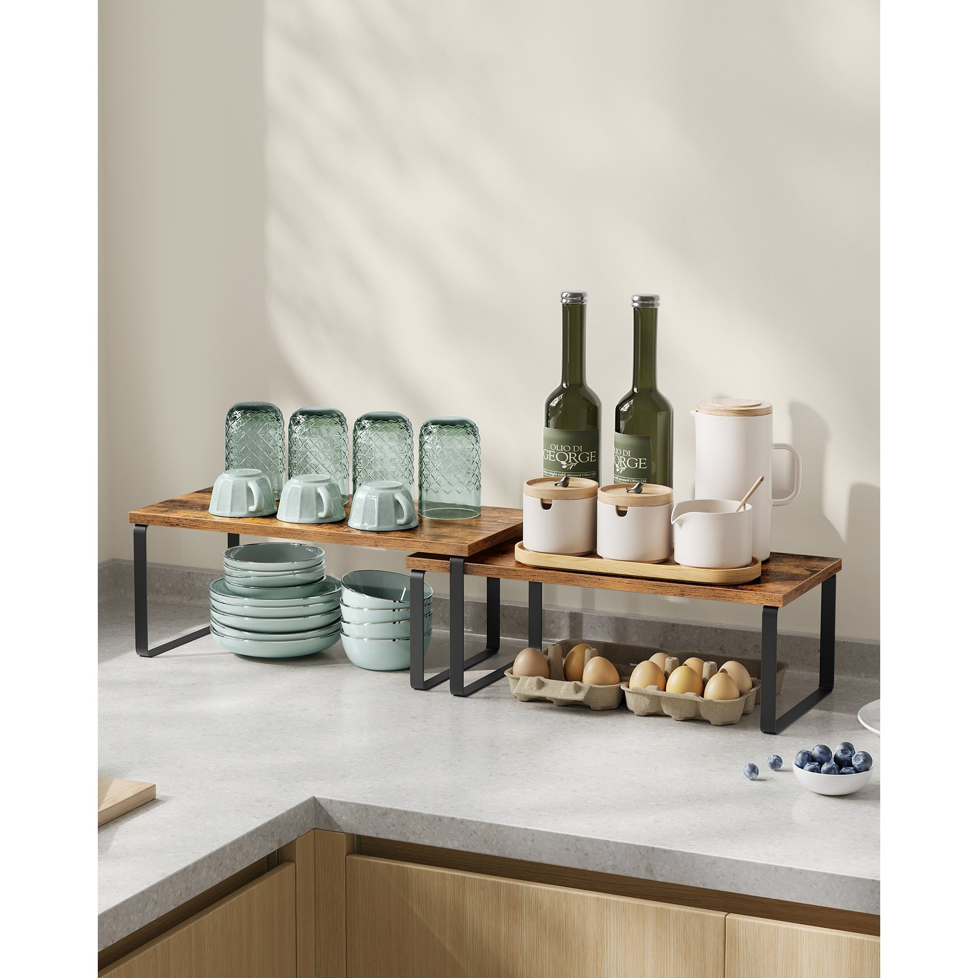 TEMU Étagère d'organisation de placard, ensemble de 2 étagères de comptoir de cuisine, rangement de cuisine, étagère à épices, empilable, extensible,