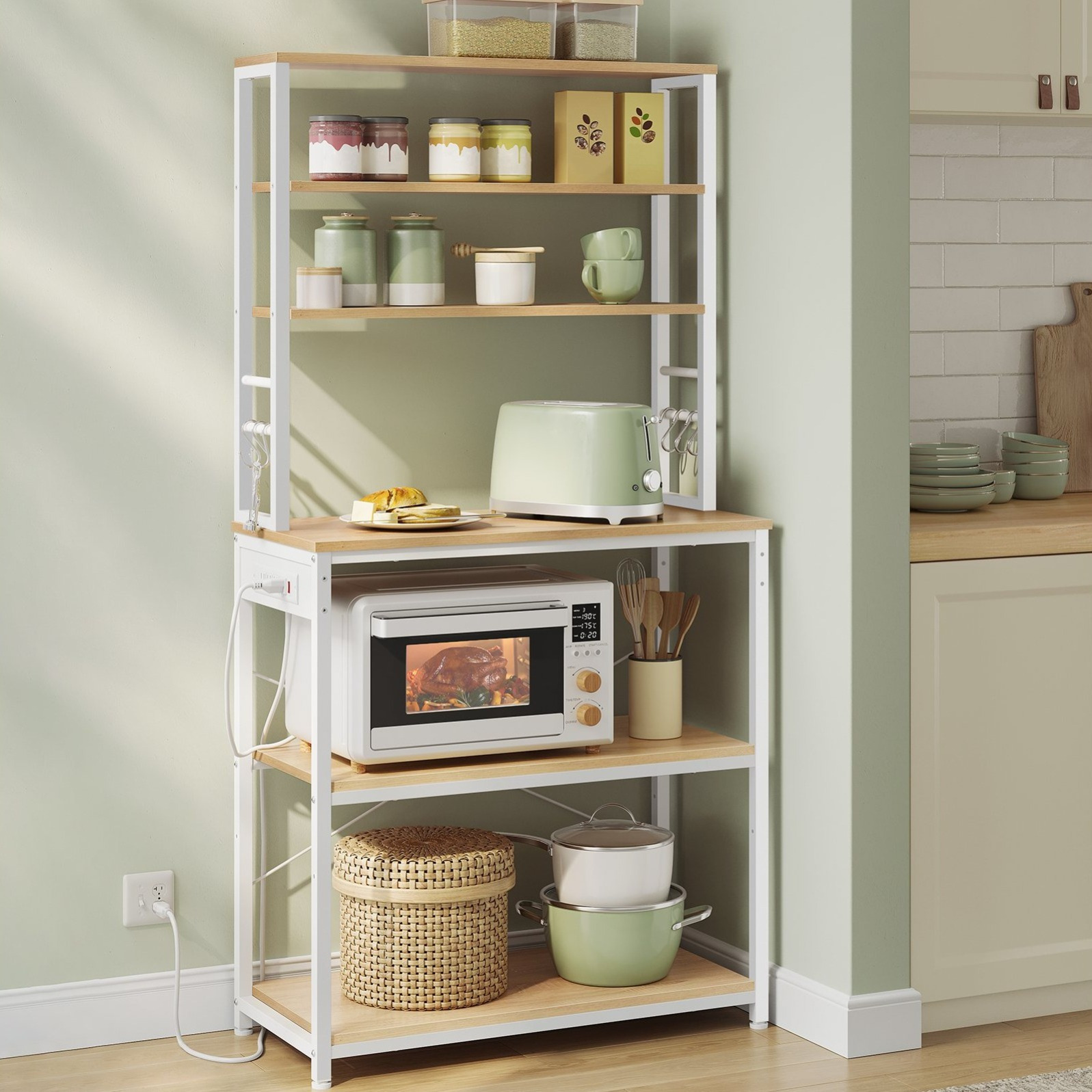 TEMU Bakers Rack With Power Outlet, Inches Coffee Bar For Kitchen Storage, 6-tier Kitchen Shelves With 6 Hooks, Microwave Stand, And White