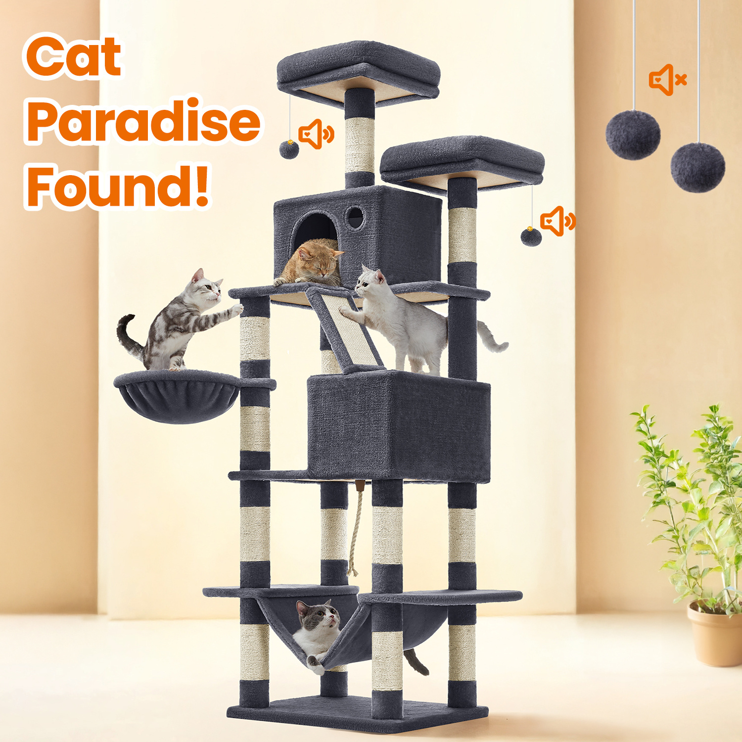 TEMU Cat Tree, 66.1-inch Large Cat Tower With 13 Scratching Posts, 2 Perches, 2 Caves, Basket, Hammock, Pompoms, Multi-level Plush Cat Condo For