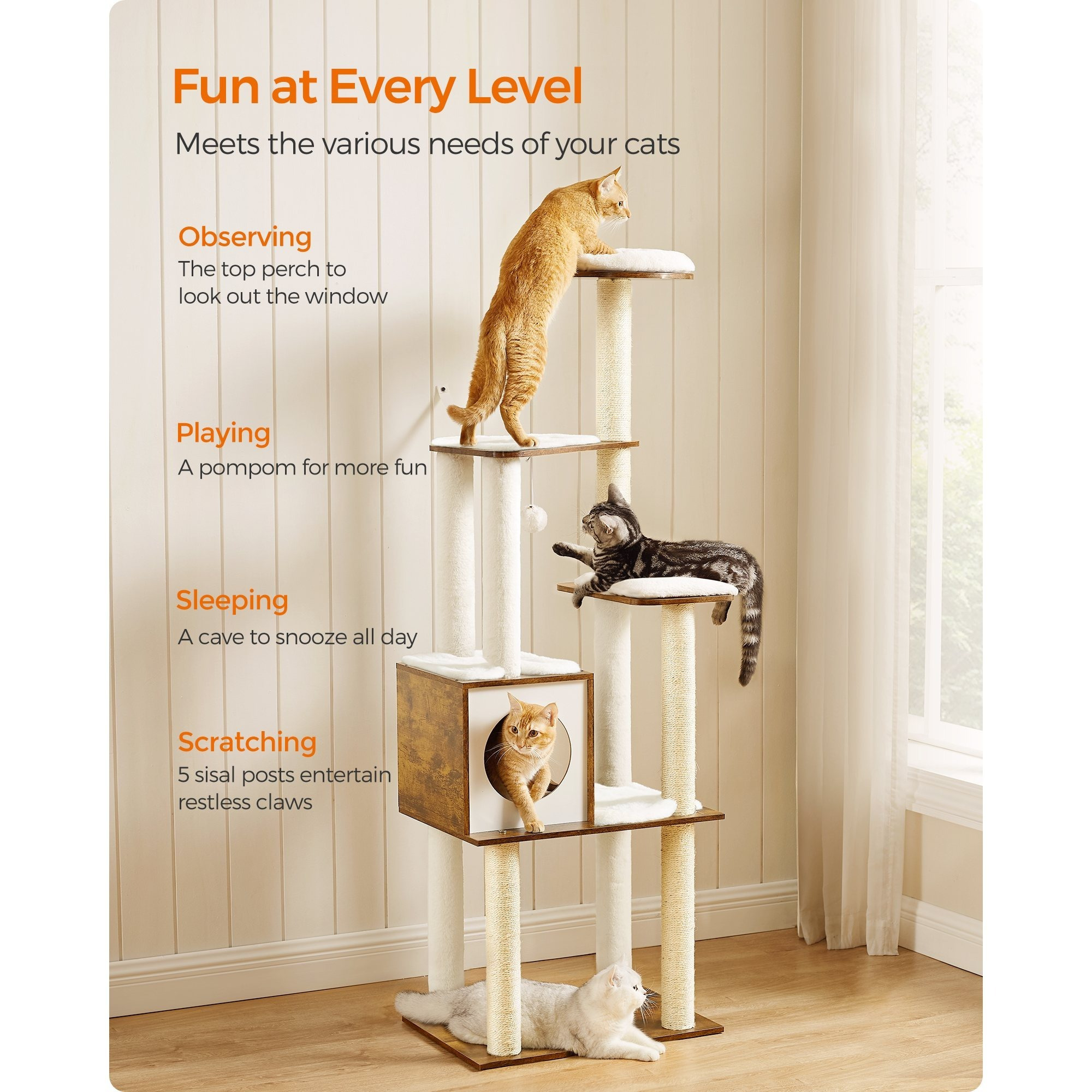 TEMU Arbre à Chat WoodyWonders, Tour Moderne de 65 Pouces pour Chats d'Intérieur, Condo à Niveaux Multiples avec 5 Poteaux à , Marron Rustique