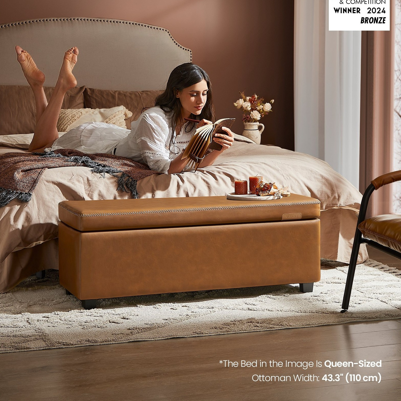 TEMU Collection - Storage Ottoman Bench, Entryway Bedroom Bench, 25 Gallons, Synthetic Leather With Stitching, Mid-century Modern, Safety Hinges, 660