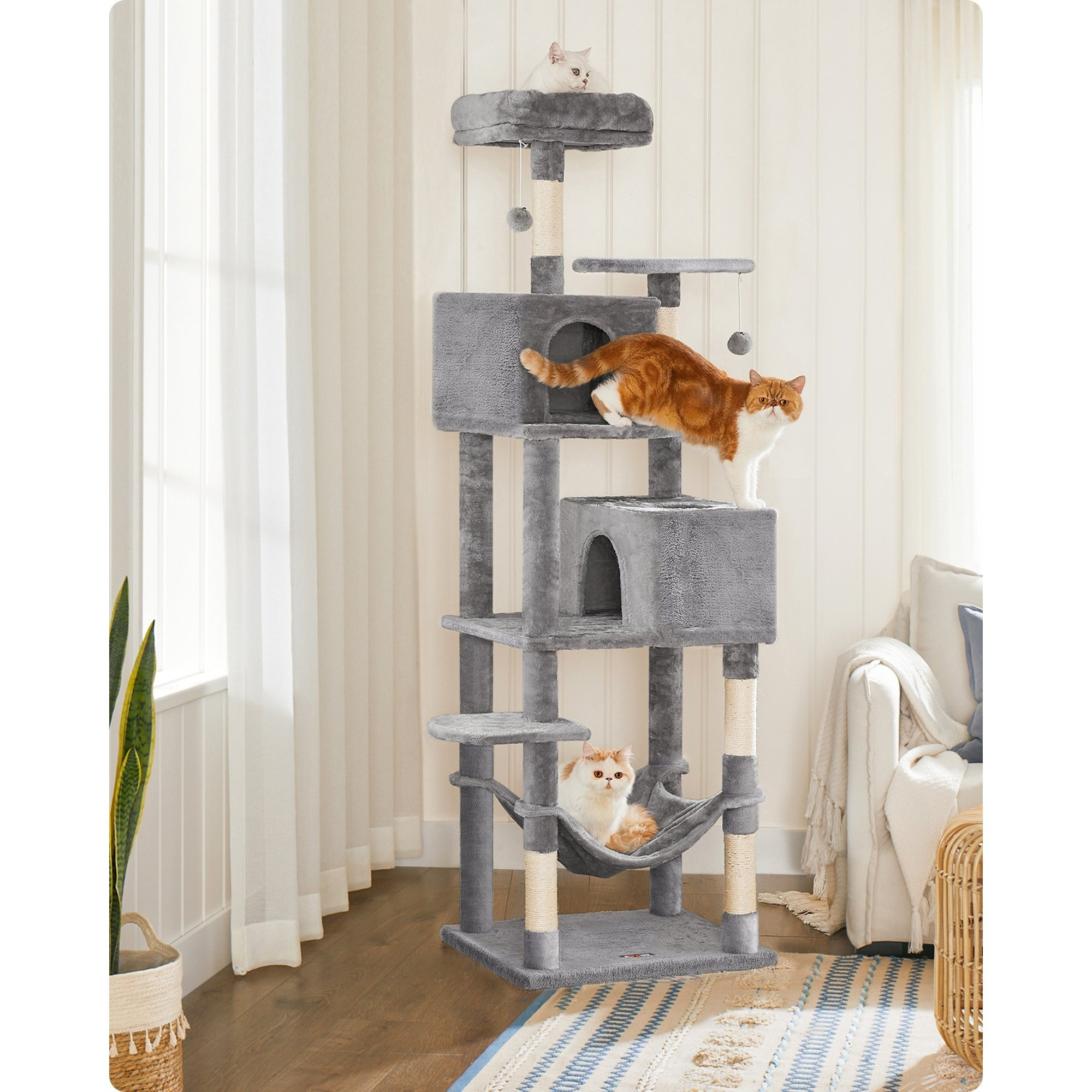 TEMU Cat Tree, 75.2-inch Cat Tower For Indoor Cats, Plush Multi-level Cat Condo With 5 Scratching Posts, 2 Perches, 2 Caves, Hammock, 2 Pompoms