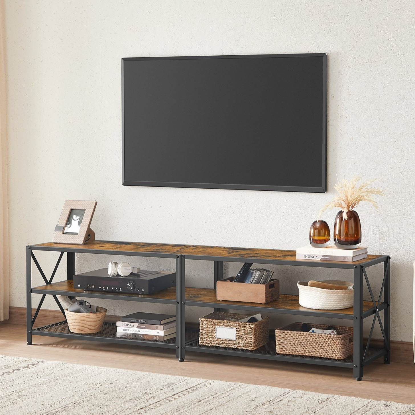 TEMU Meuble TV pour Téléviseur jusqu'à 75 Pouces, Console TV à 3 Niveaux, Centre de , Brun Rustique et Noir ULTV096B01