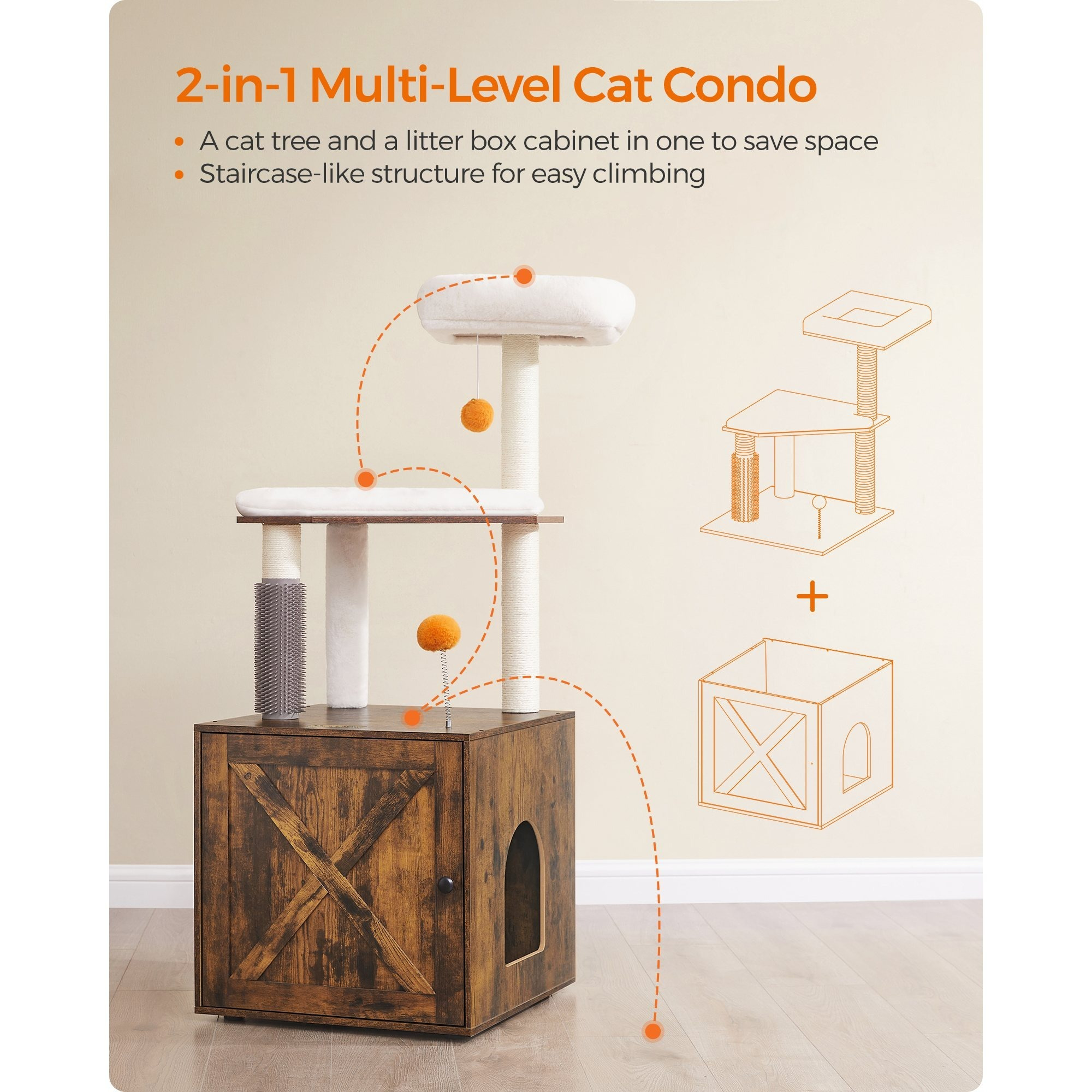 TEMU Arbre à chat avec enclos pour bac à litière, tour à chat moderne 2-en-1 pour chats d'intérieur, condo à chat de 52,8 pouces avec auto-nettoyeur,