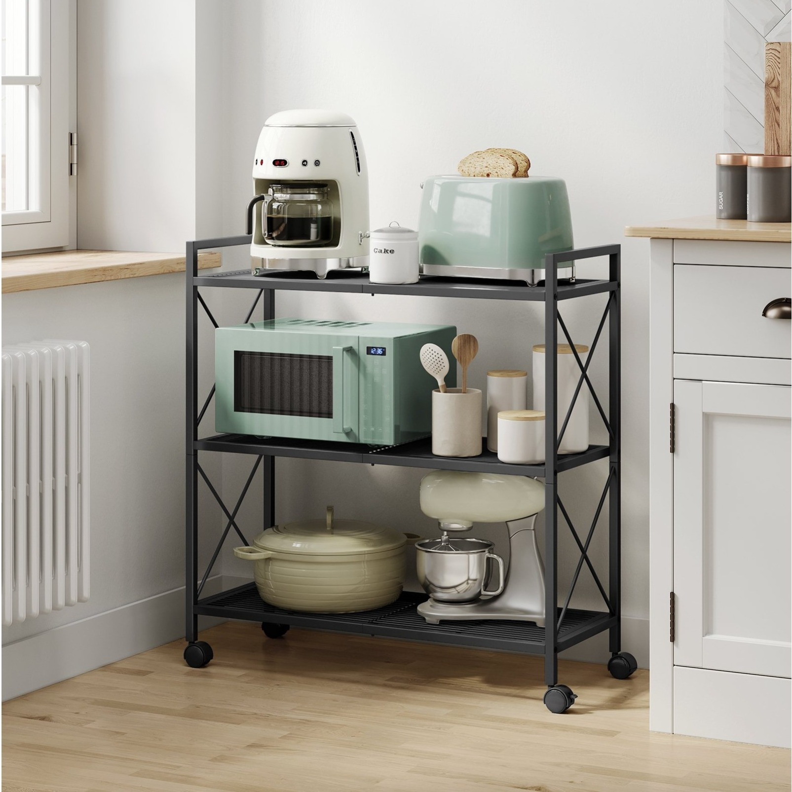 TEMU Étagère Métallique à 3 Niveaux avec Roulettes, Structure en avec Cadres Latéraux X, Largeur de 31,5 Pouces, Style Industriel, Noir, pour Entrée,