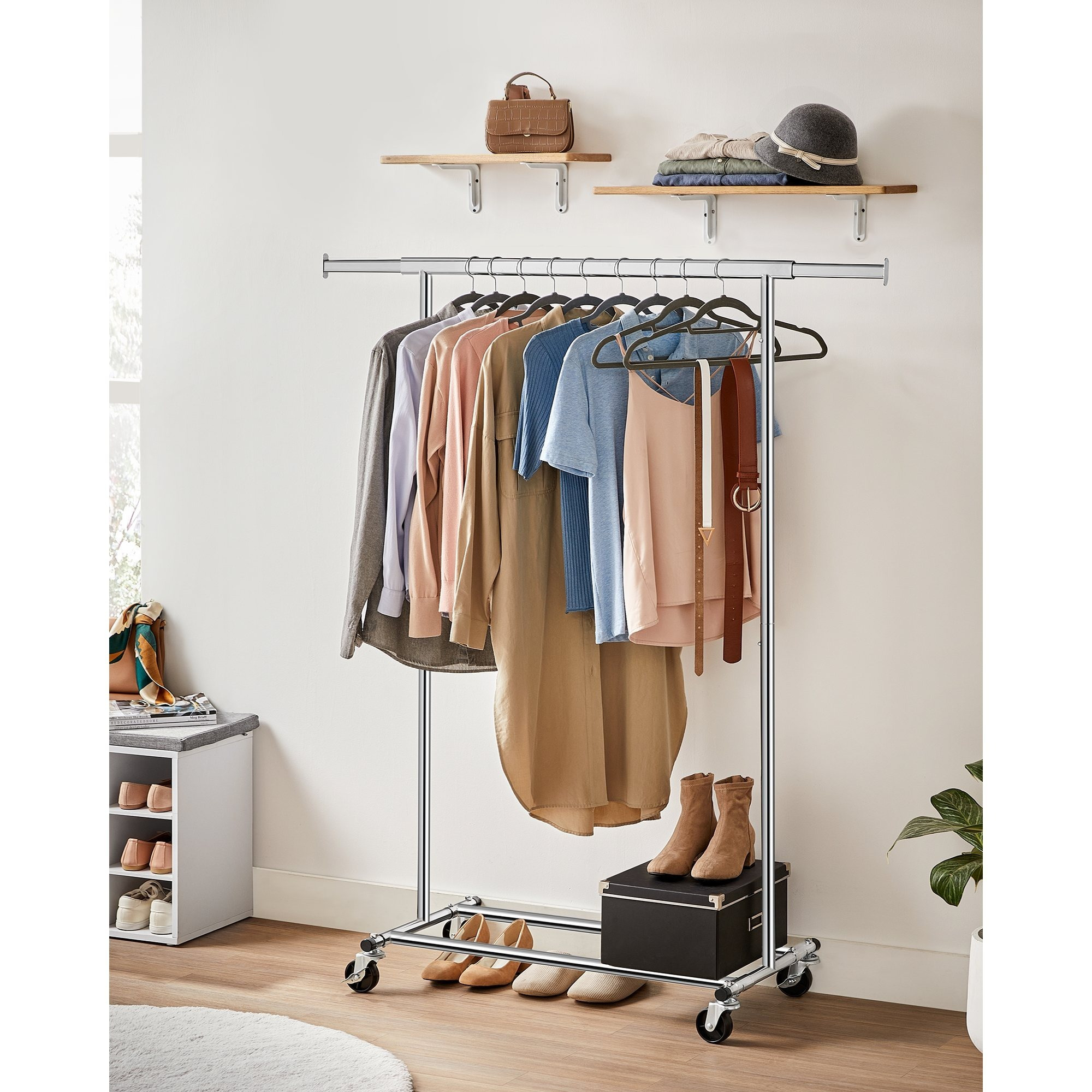 TEMU Support à vêtements avec roulettes, support à vêtements robuste pour suspendre les vêtements, support à vêtements portable, avec rail de