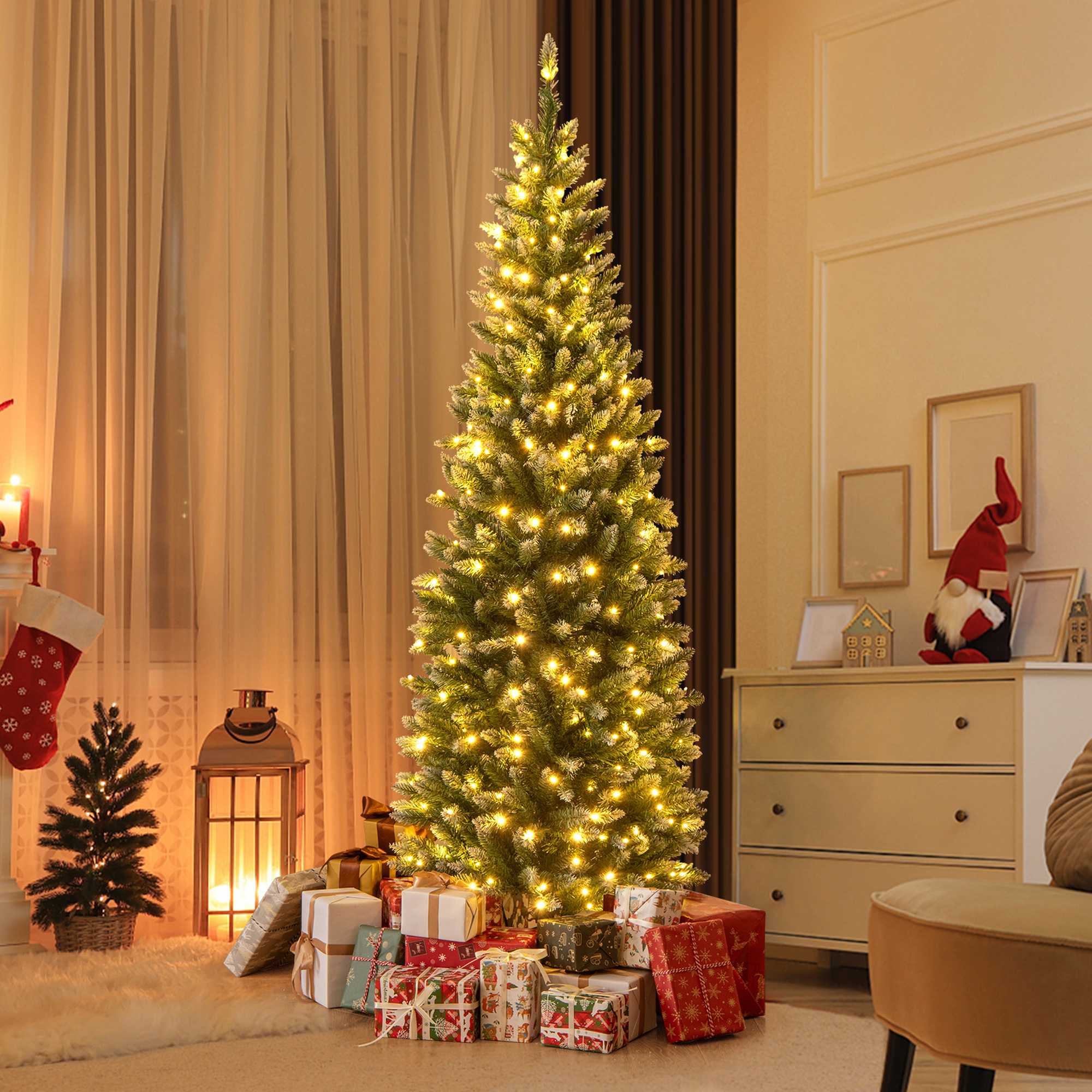 TEMU COSTWAY Sapin de Noël Mince Pré-Éclairé 6 Pieds, Sapin Artificiel à Branches Articulées avec 618/Pointes Neigeuses, 250 Lumières Blanc Chaud,