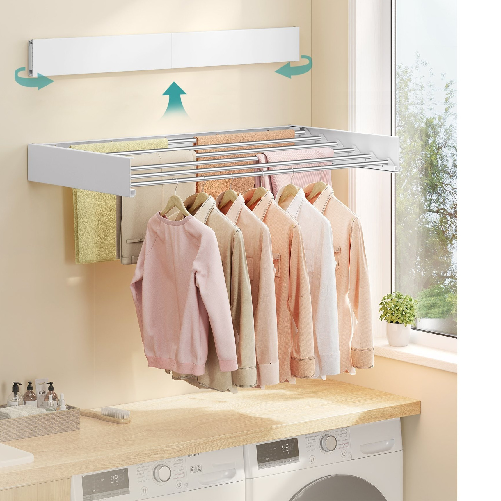 TEMU Étendoir mural, étendoir à linge pliable, largeur 39,4 pouces avec gabarit mural, 6 barres dépliables en alliage d'aluminium, pour intérieur,