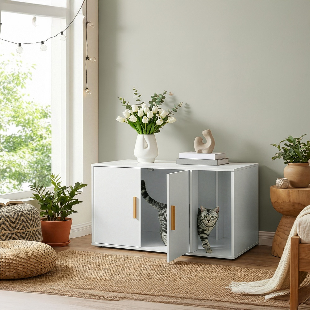 TEMU Cache-litière pour chat, meuble moderne pour litière dissimulée avec entrée , double portes, table d'appoint latérale pour 'intérieur pour