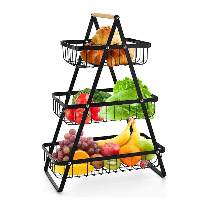 double layer countertop fruit basket with detachable wooden handle a sturdy rectangular kitchen storage organizer with an open grid design and a lower shelf for placing   bread and snacks   saving countertop organizer suitable for family use