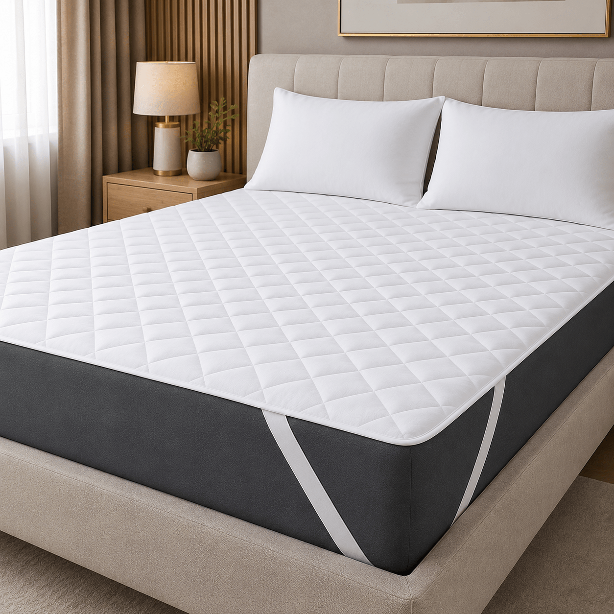 TEMU Protège-matelas imperméable de qualité supérieure avec sangles d'angle – Protège-matelas matelassé en microfibre taille Queen – Surmatelas doux