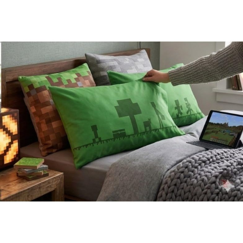 TEMU Lot de 2 taies d'oreiller Minecraft taille standard vertes pour enfants