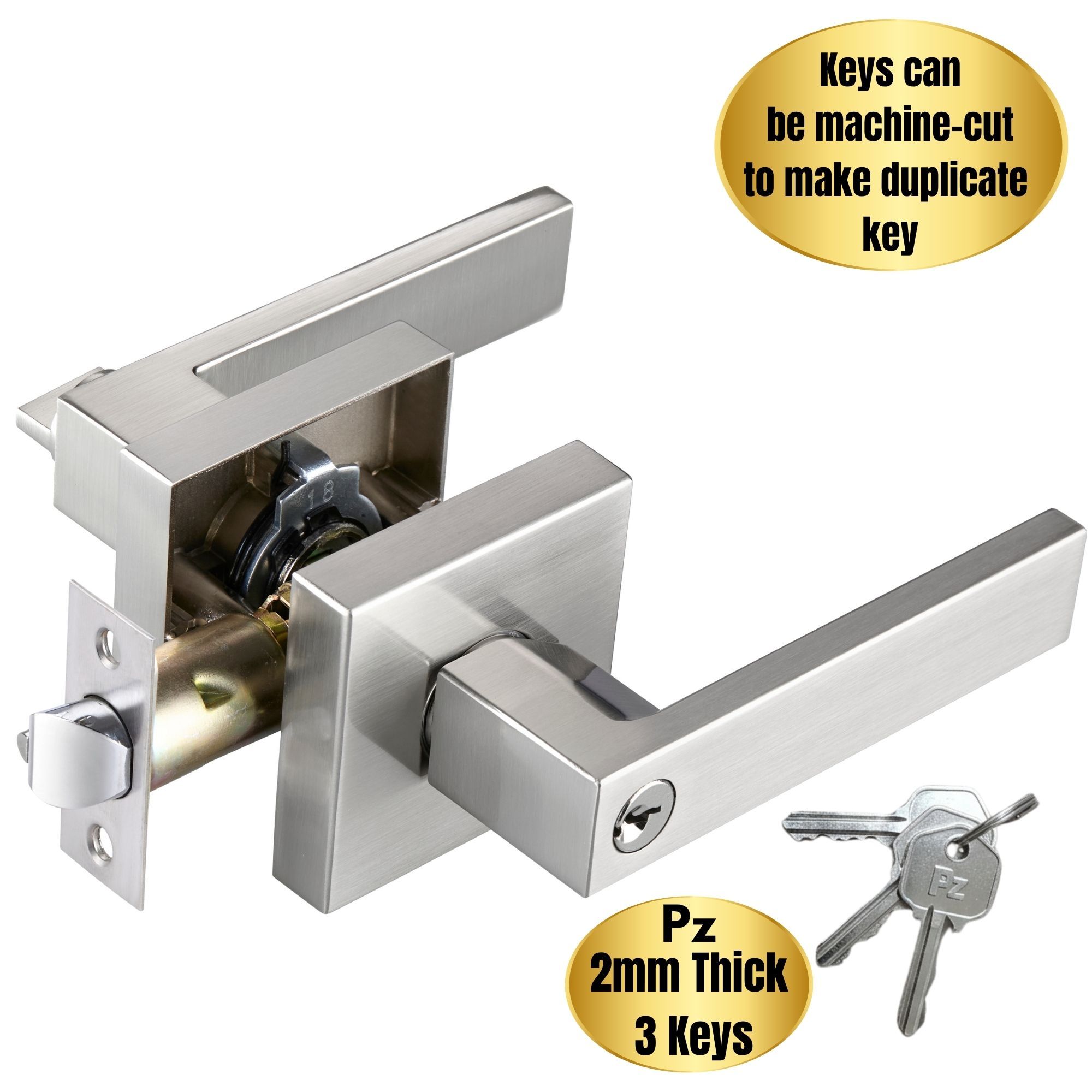 TEMU Entry Door Lock With Key, Satin Nickle Color Door Handles, Square Heavy Duty Door Knob For Use Entry, Bathroom, Office, Bedroom, Front Entrance