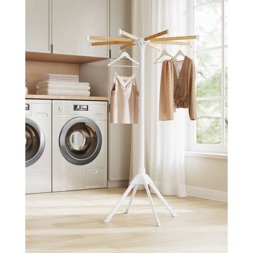 clothes drying rack with bamboo hanging rods foldable metal laundry rack space saving free standing airer indoor and natural