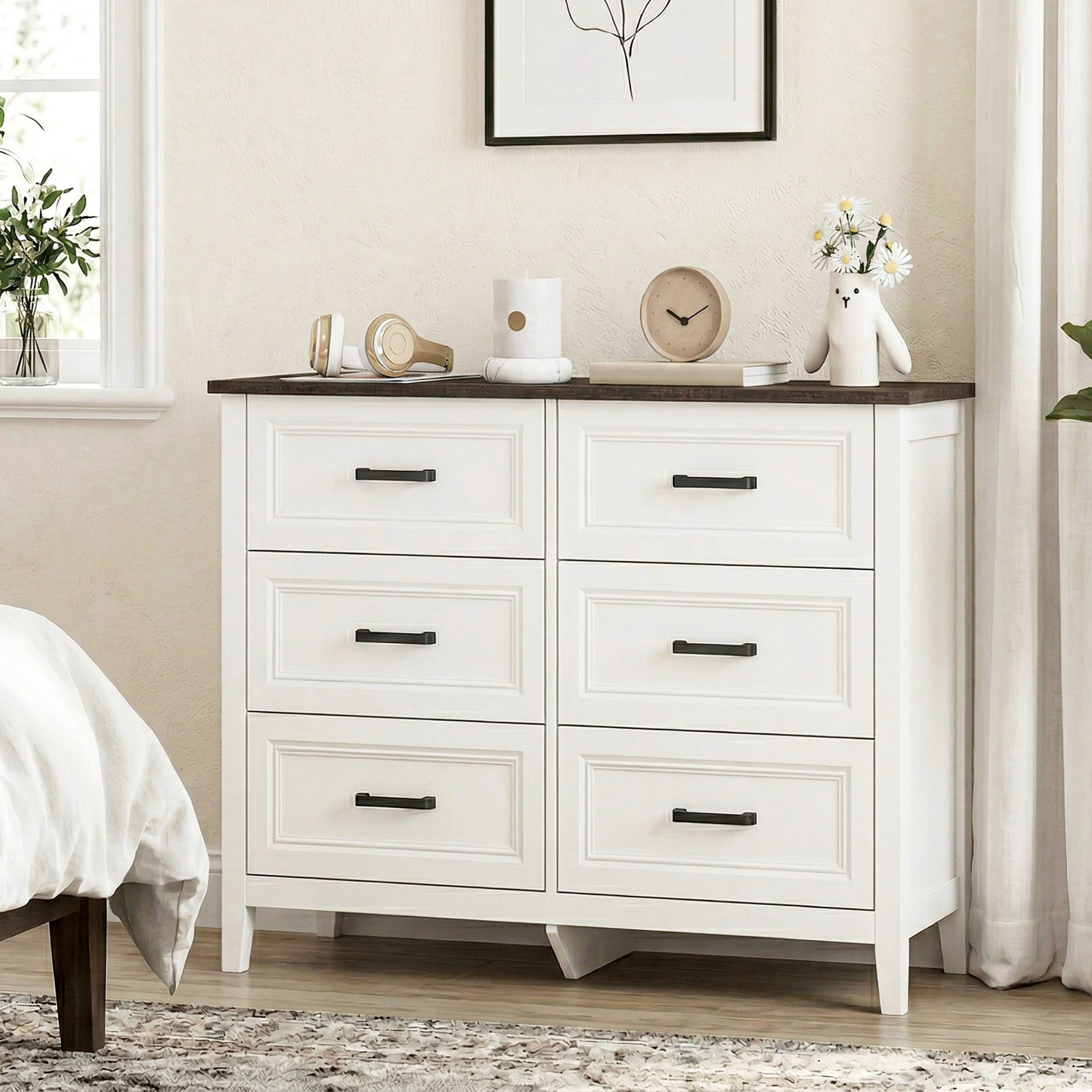 * Dresser for Bedroom with 6 Drawers, 3-Tier Wide Storage Chest of Drawers, Storage Organizer Unit for Living Room, Closet, Laundry, Entryway, White and Brown * Dresser for Bedroom with 6 Drawers, 3-Tier Wide Storage Chest of Drawers, Storage Organizer Unit for Living Room, Closet, Laundry, Entryway, White and Brown