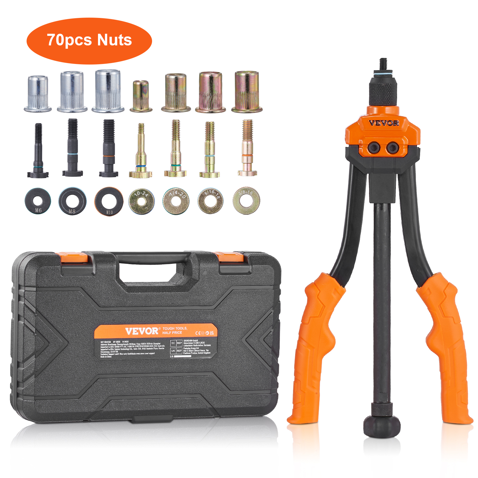 TEMU Vevor Rivet Nut Tool, 14 In Rivnut Tool Kit With 7 Pcs Metric And Sae Mandrels, 70 Pcs Assorted Rivet Nuts, 10-24, 1/4, M6, 5/16-18, M8, 3/8-16,