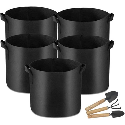 5 pack plant grow bags heavy duty thickened nonwoven fabric pots grow bags with handles garden tools set wood handle metal gardening trowel cultivator transplanted 5 gallon