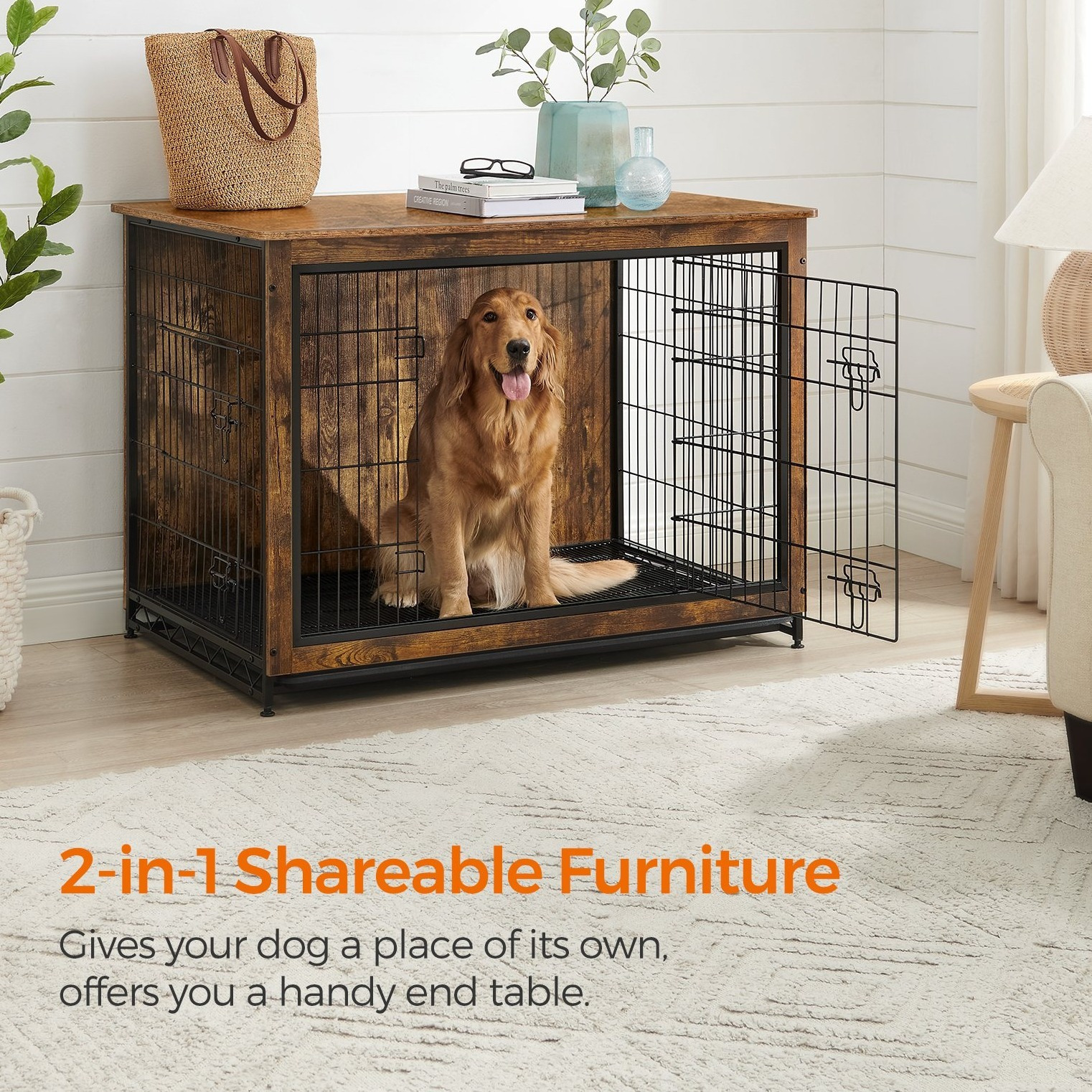 TEMU Meuble Cage pour Chien en Bois, Table d'Appoint Latérale de 44,1" L, Cage pour Animal avec Plateau Amovible