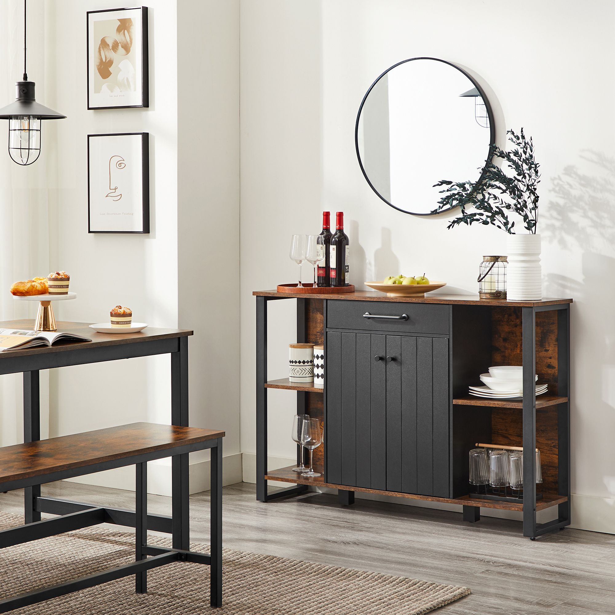 TEMU de rangement, de cuisine, Buffet, Organisateur de rangement avec tiroir, Étagères, Porte, Cadre en acier, Marron rustique et noir ULSC103B01