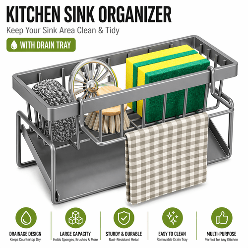 kitchen sink caddy sponge holder countertop sink organizer with drip tray dishcloth rack brush holder kitchen storage organizer