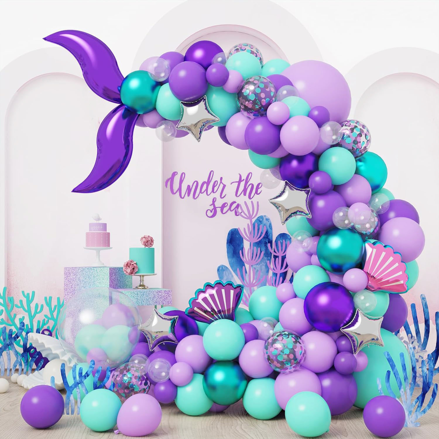 TEMU Kit de décoration de fête d'anniversaire sirène 136 pièces | Ballons en feuille d'aluminium queue de sirène et , ensemble de ballons en latex à