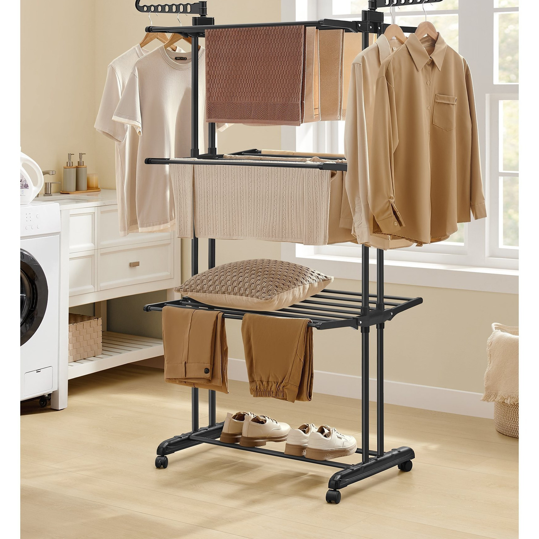 TEMU Porte-linge 4 niveaux, Porte-linge pliable 173 cm de haut, Acier inoxydable, Chevaux à linge roulants, Porte-linge, Utilisation intérieure et