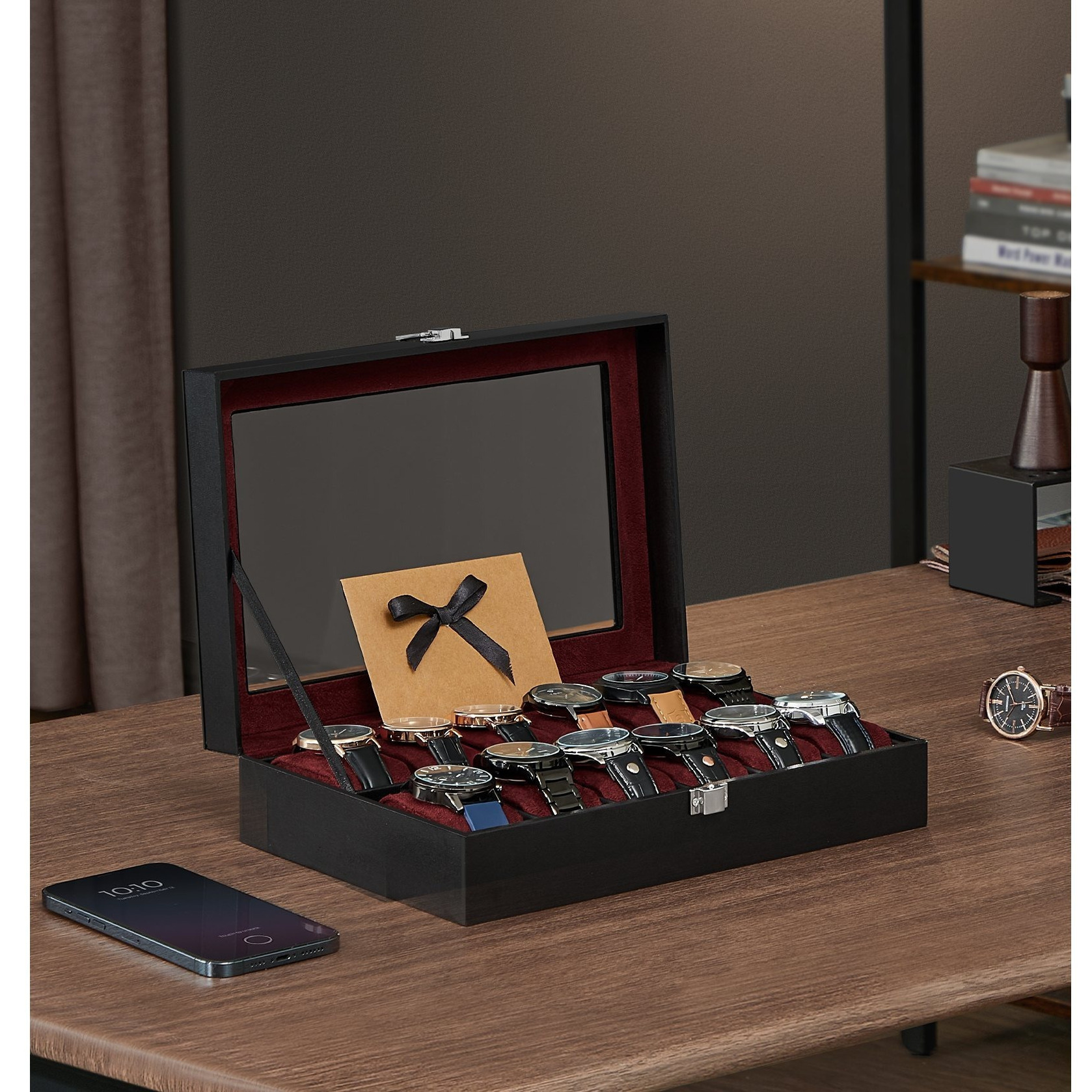 TEMU Boîte à montres, étui à montres à 12 emplacements, organisateur de boîte à montres, cuir synthétique noir, doublure rouge vin