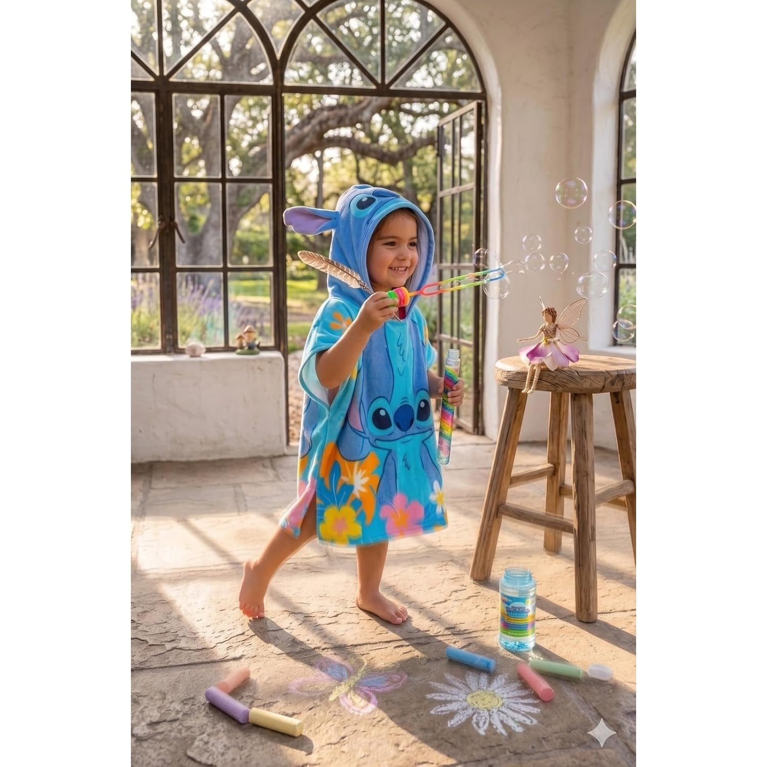 TEMU Poncho serviette à capuche Disney Lilo & Stitch pour enfants, serviette de plage et de bain en coton, bleu