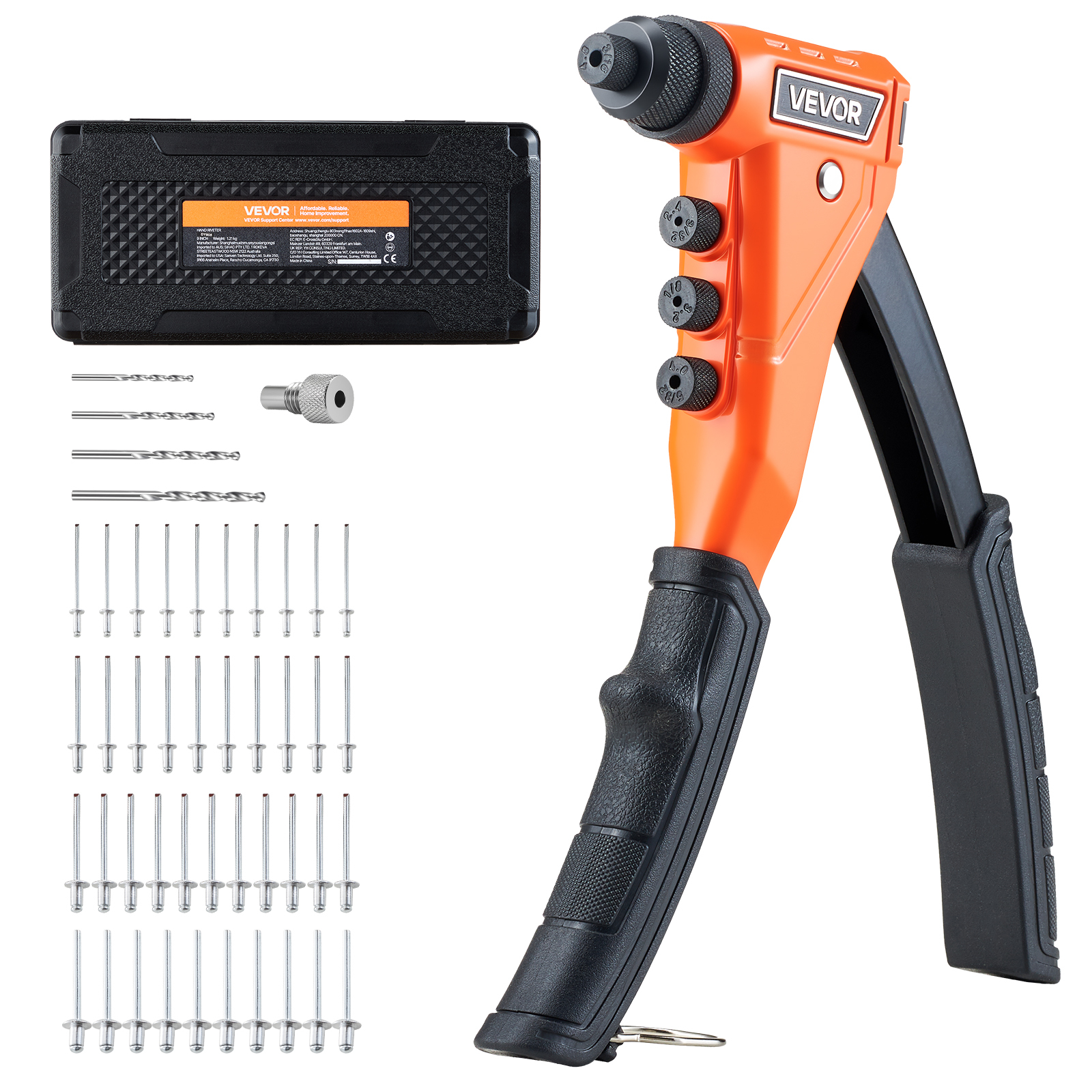 TEMU Vevor Pop Rivet Kit, With 200 Blind Rivets, Heavy Duty Single Hand With 4 Interchangeable Nosepieces, 4 Drill Bits, And A Carrying Case, Manual