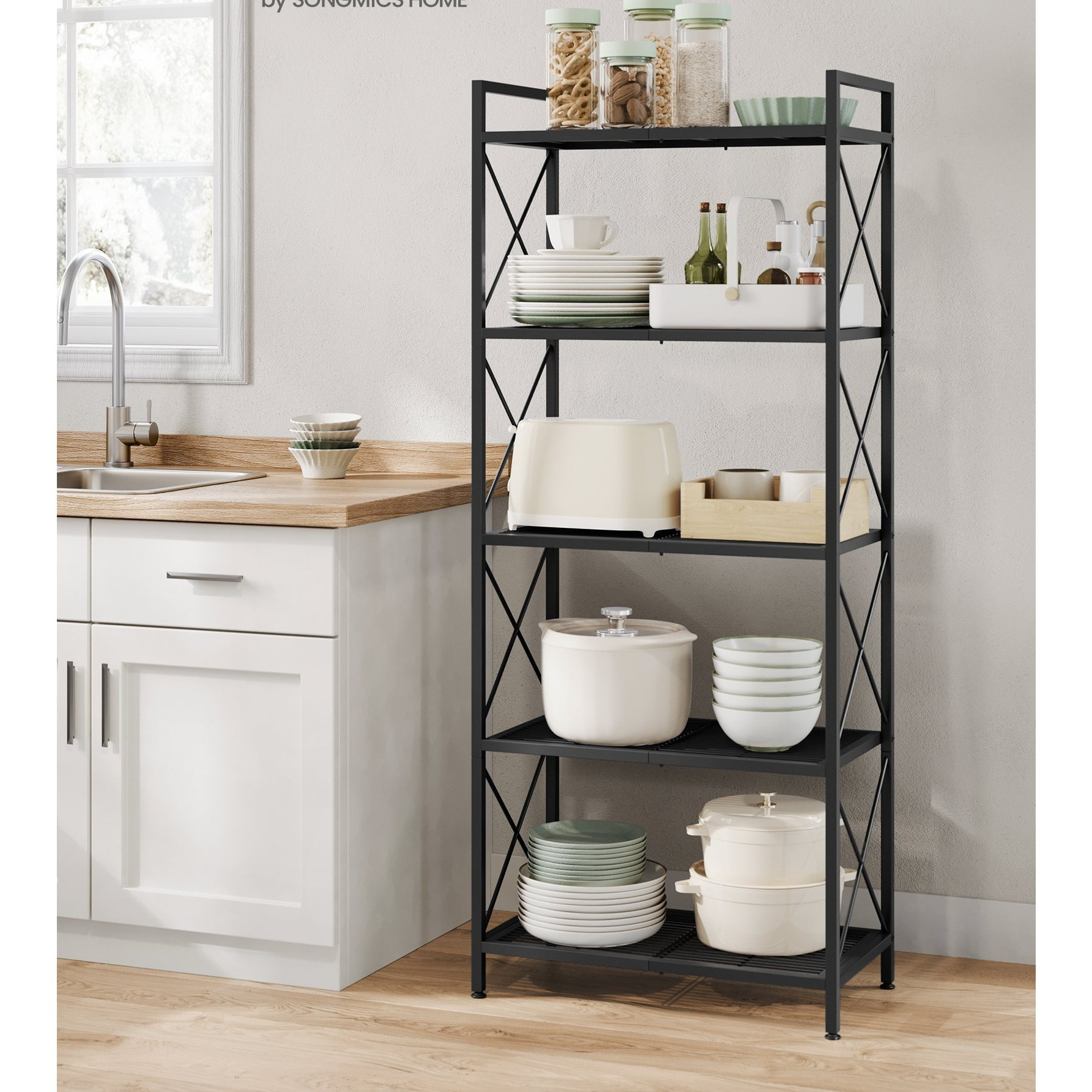 TEMU 5-tier Metal Storage Rack, Shelving Unit With X Side Frames, Dense Mesh, 12.6 .6 X 57.3 Inches, For Entryway, Kitchen, Living Room, Bathroom,