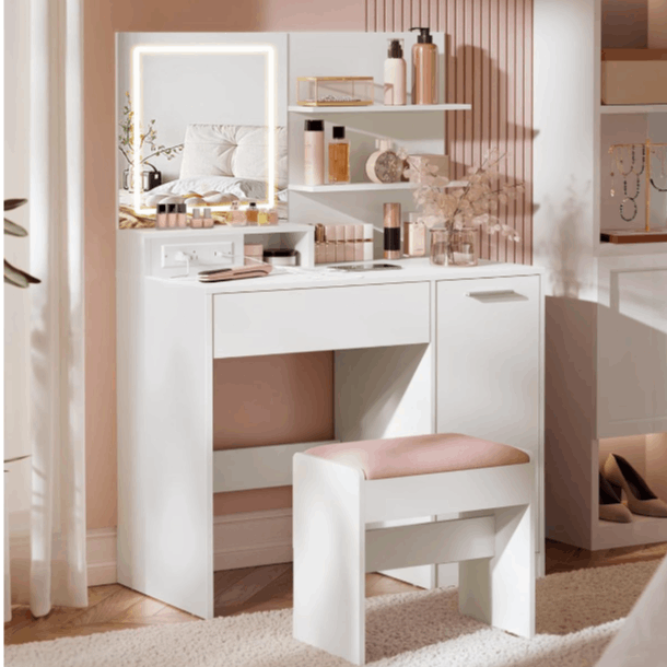 TEMU Collection Kailyn - Bureau de Toilette avec Lumières LED et Prise, Table de Maquillage avec , Tiroir, 2 Étagères Réglables, Meuble Blanc